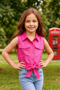 Girls Pink Sleeveless Utility Top with Front Tie and Cargo Pockets