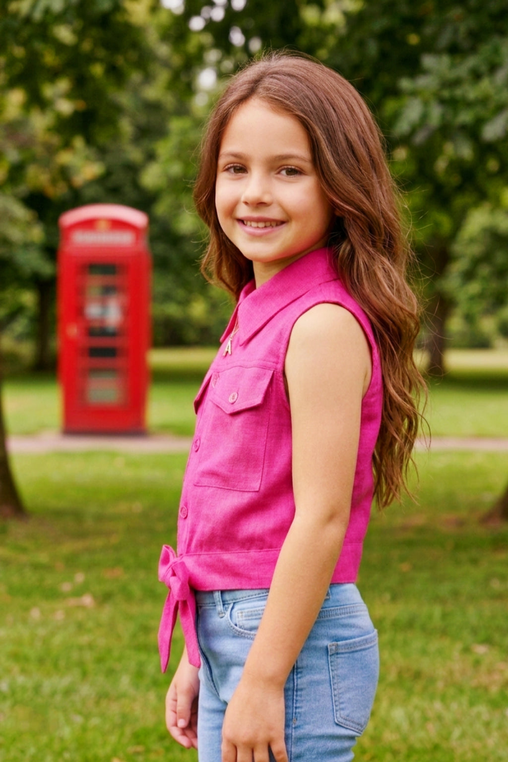 Girls Pink Sleeveless Utility Top with Front Tie and Cargo Pockets