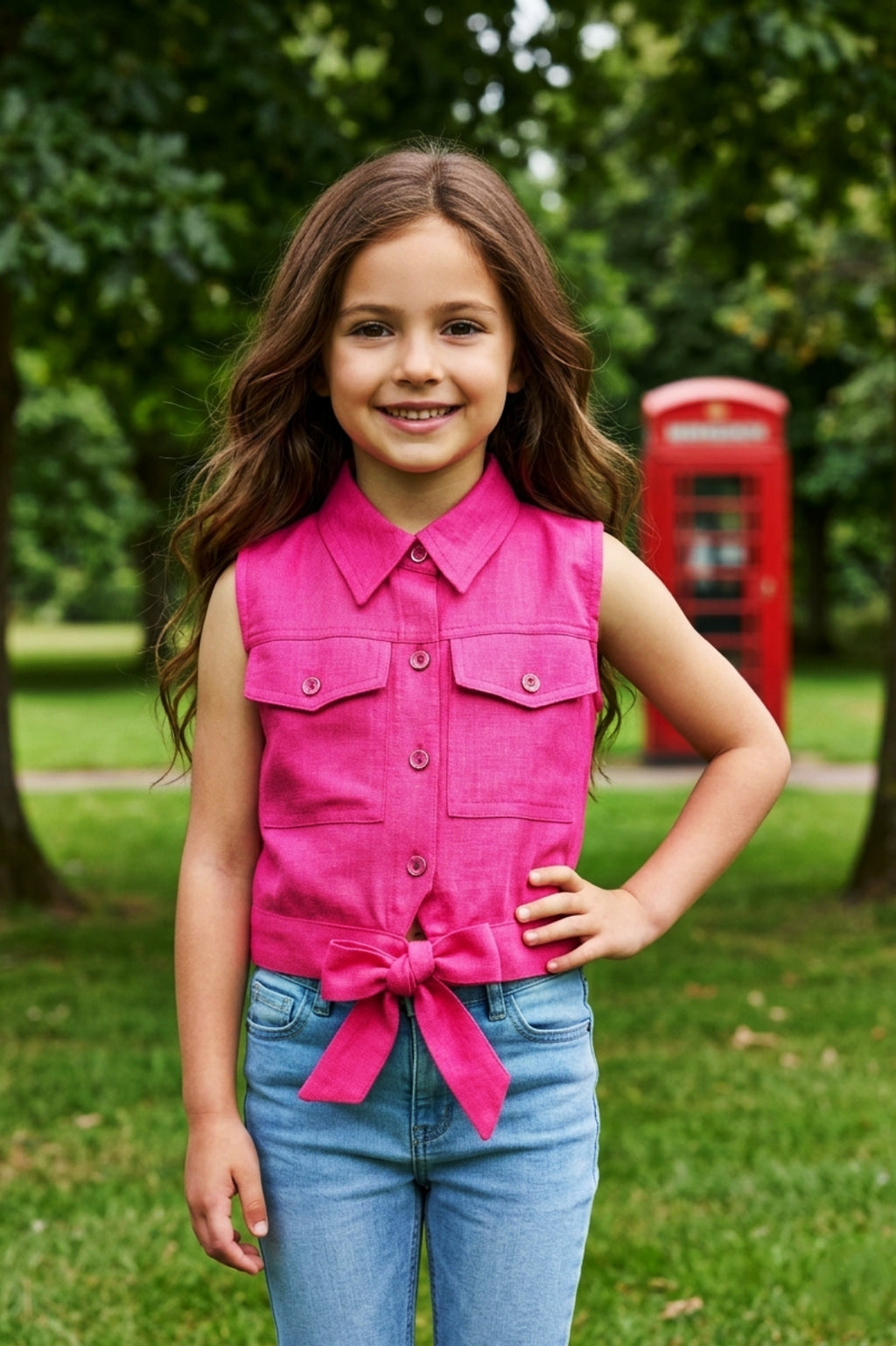Girls Pink Sleeveless Utility Top with Front Tie and Cargo Pockets