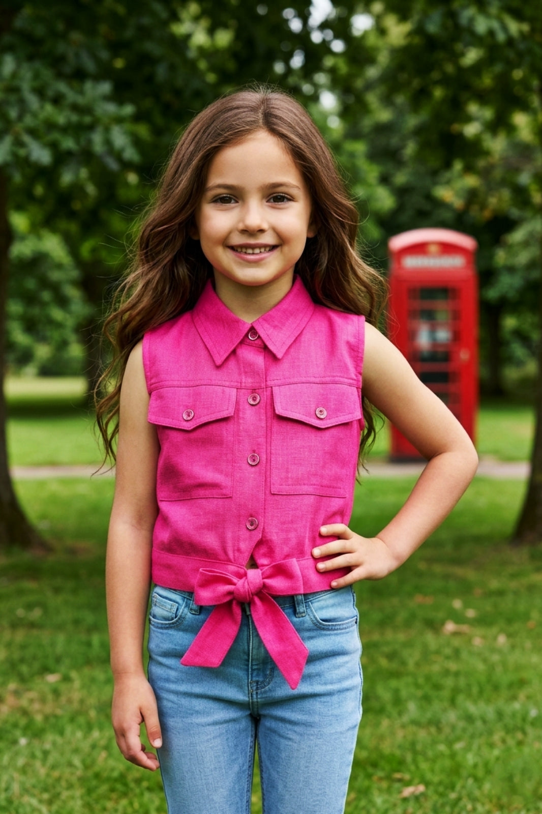 Girls Pink Sleeveless Utility Top with Front Tie and Cargo Pockets