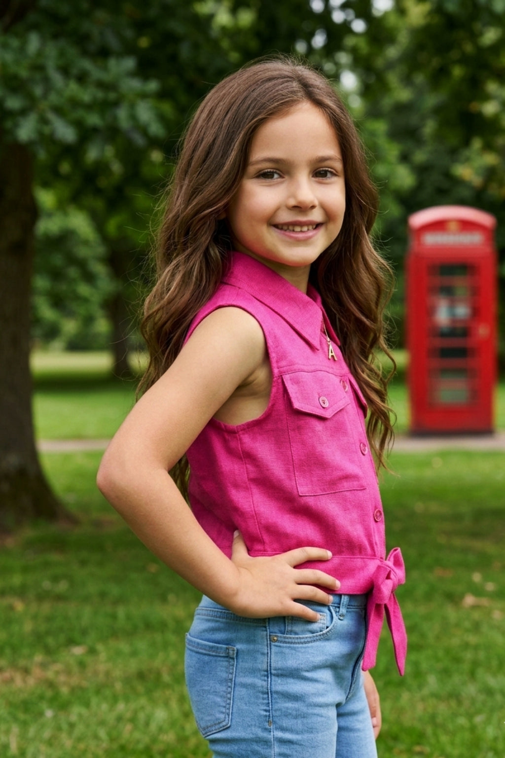 Girls Pink Sleeveless Utility Top with Front Tie and Cargo Pockets