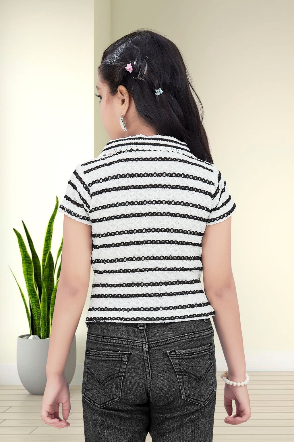 Girls White and Black Striped Lace Top