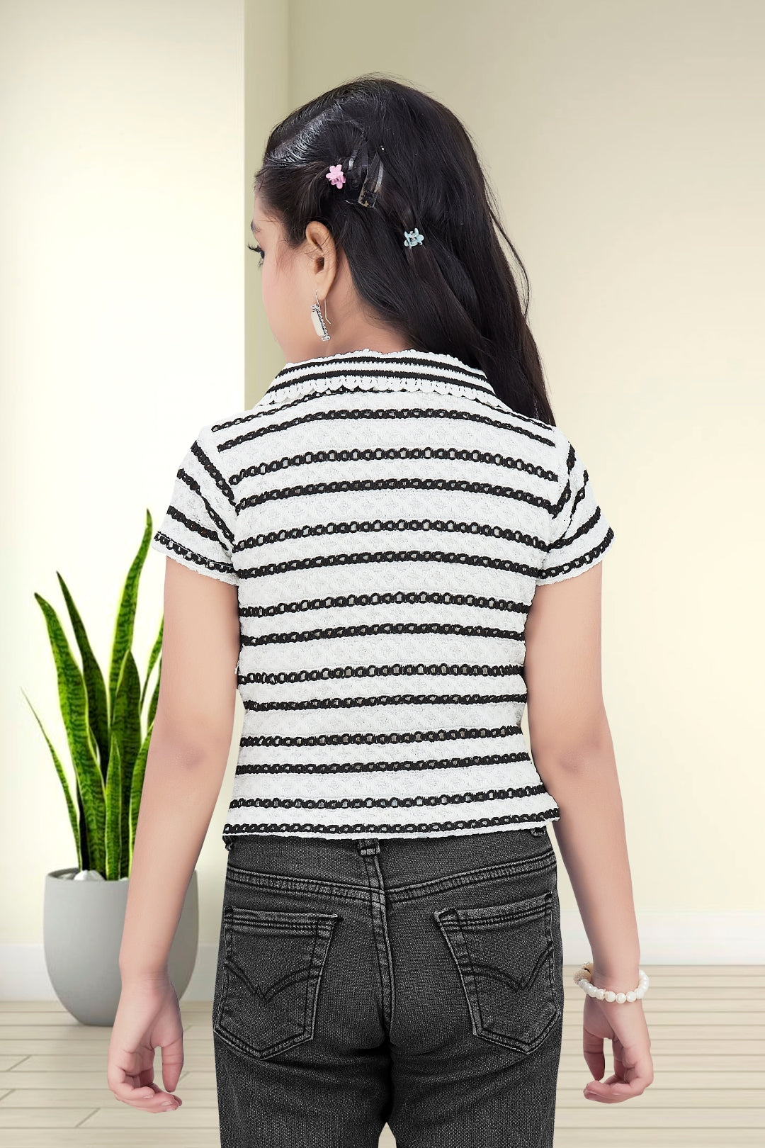 Girls White and Black Striped Lace Top