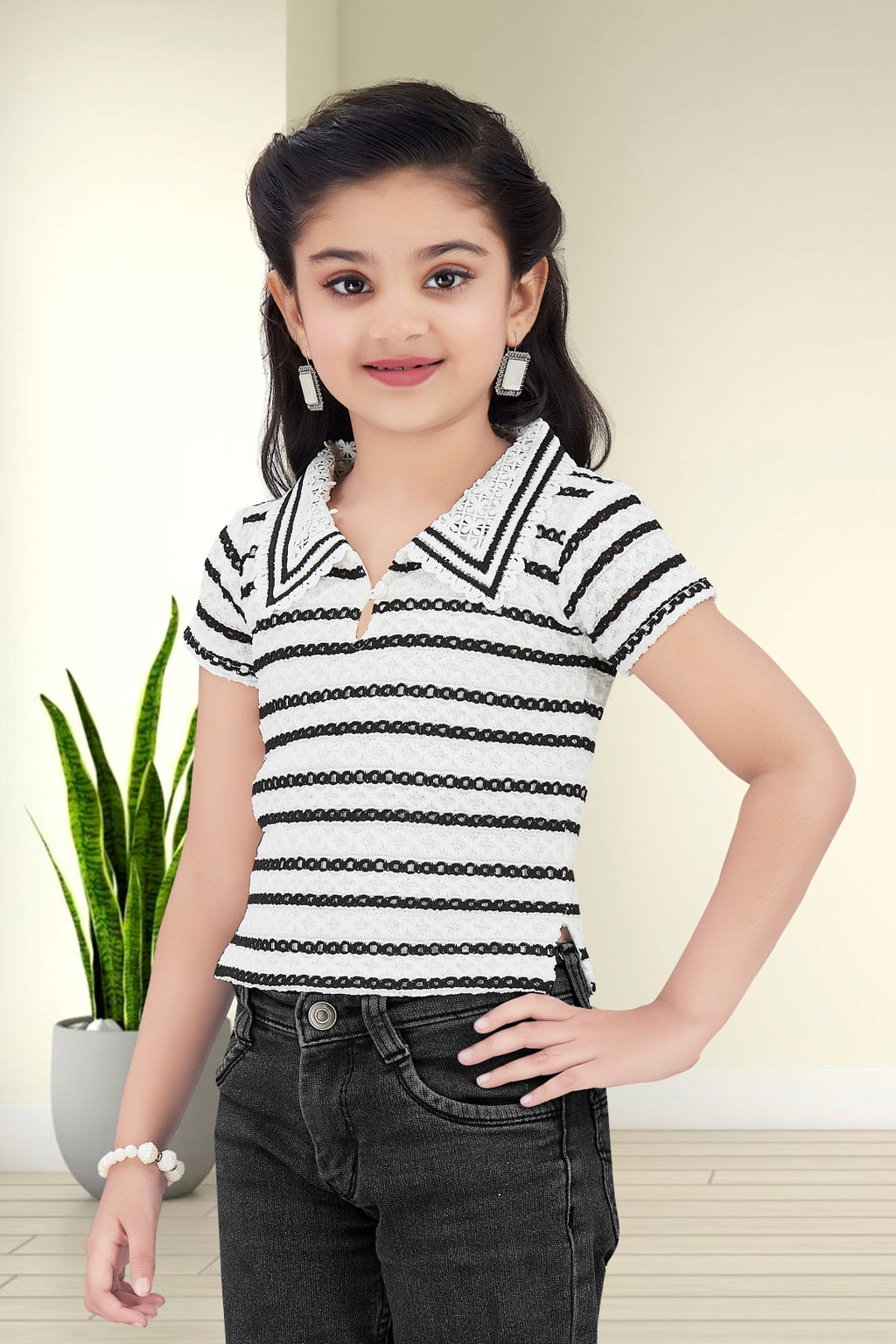 Girls White and Black Striped Lace Top