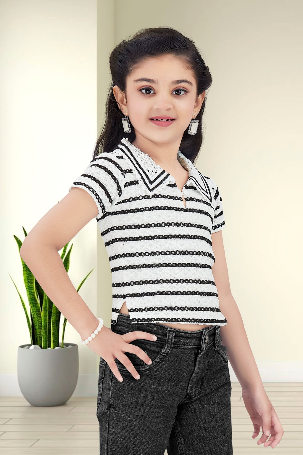Girls White and Black Striped Lace Top