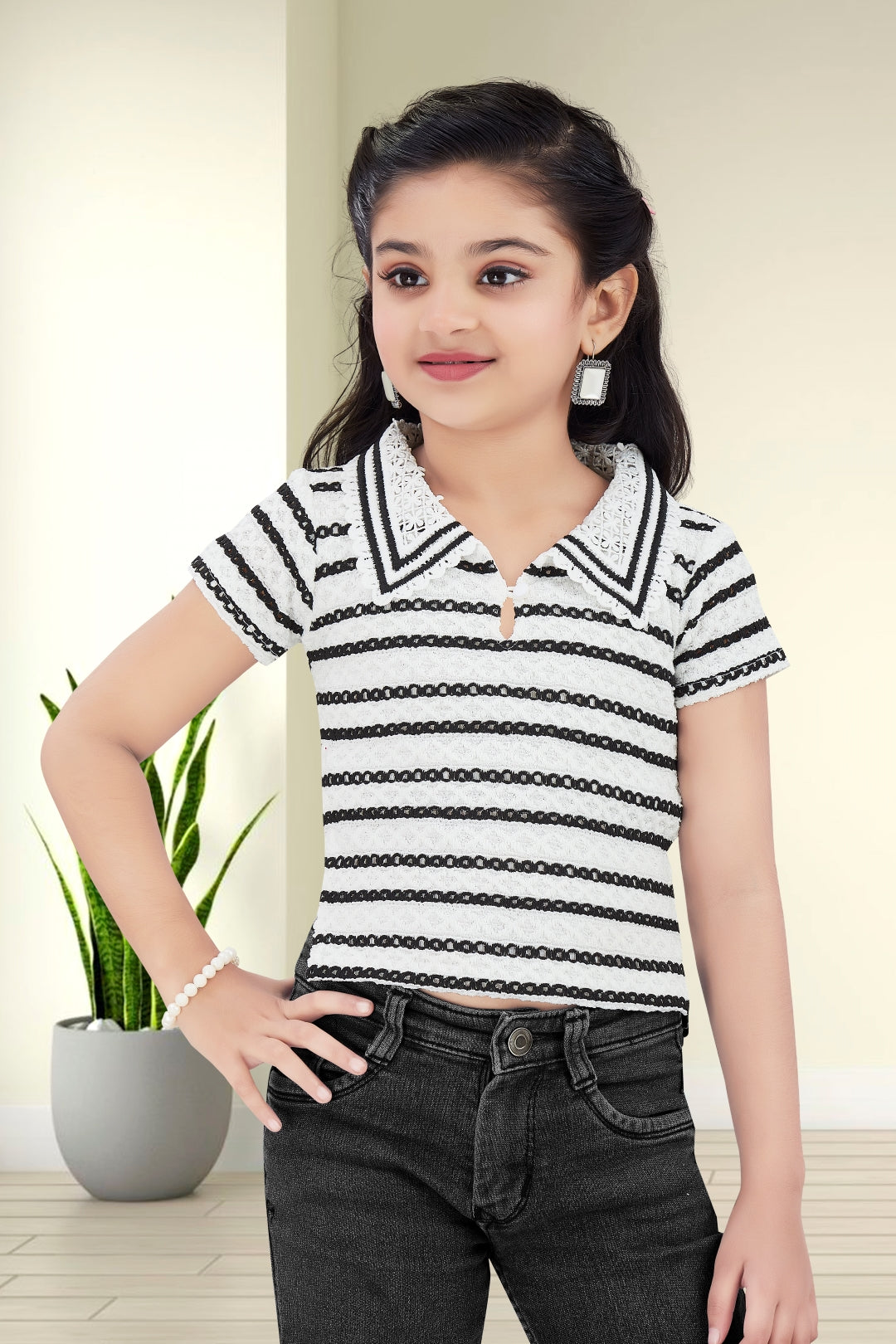 Girls White and Black Striped Lace Top