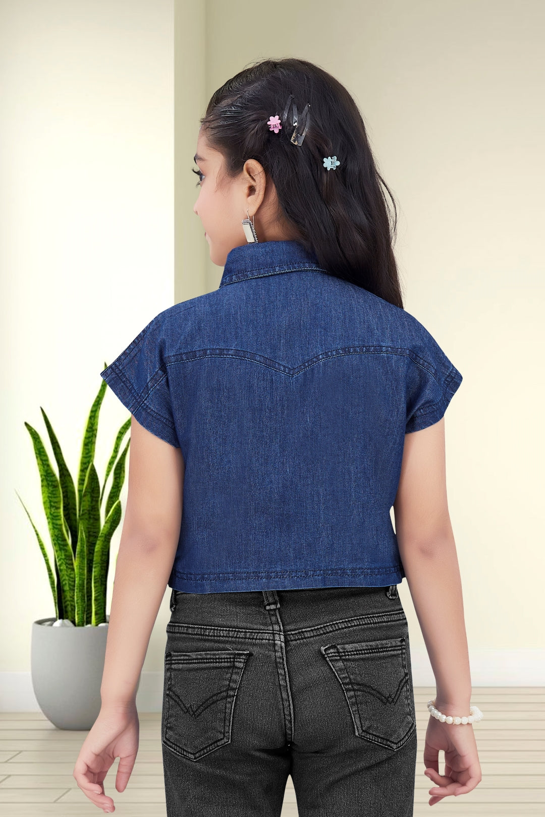 Girls Embellished Denim Crop Top - Dark Blue