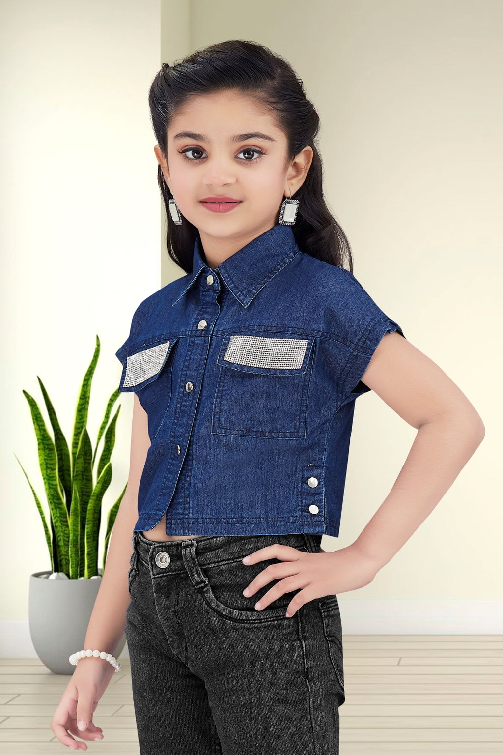 Girls Embellished Denim Crop Top - Dark Blue
