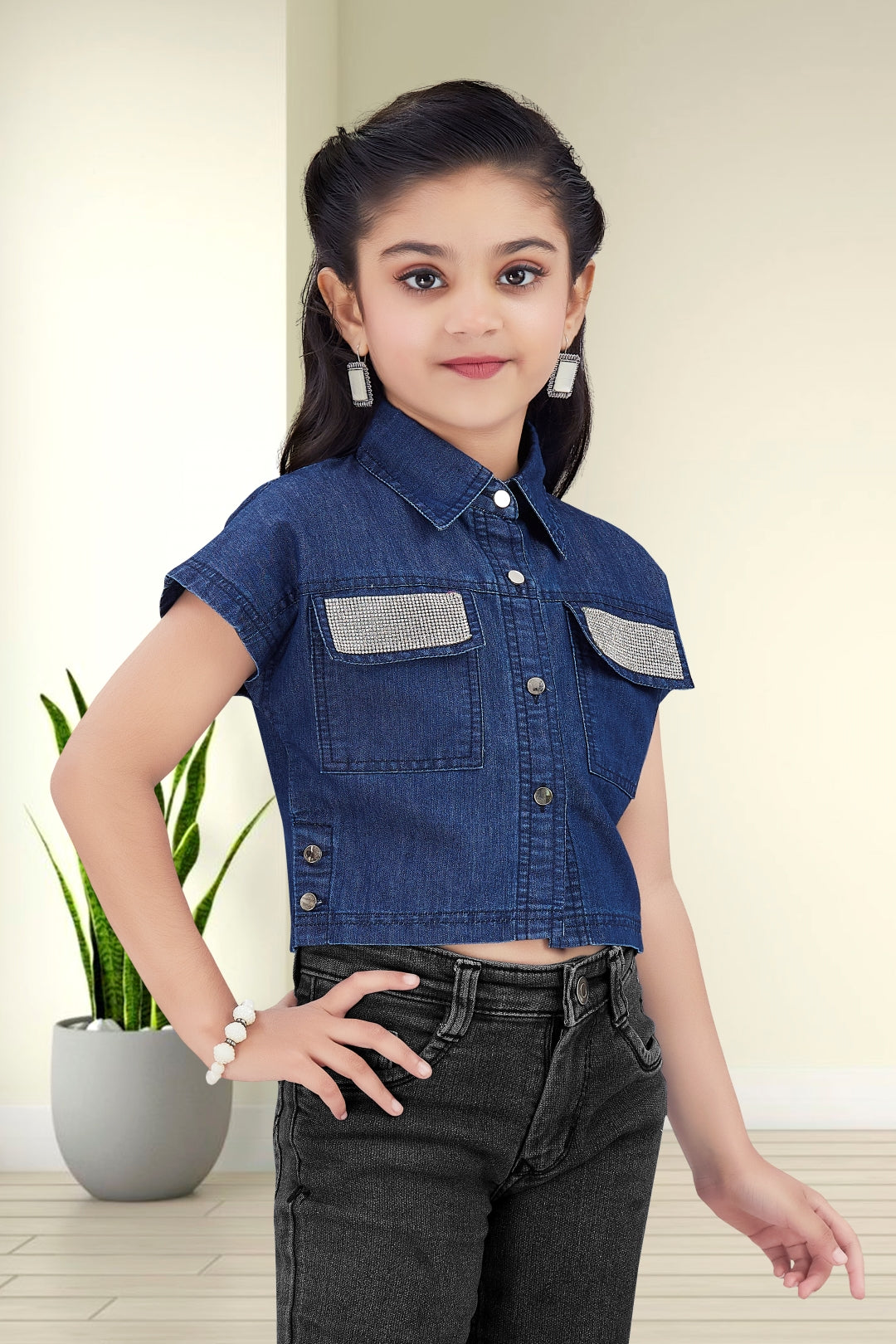 Girls Embellished Denim Crop Top - Dark Blue