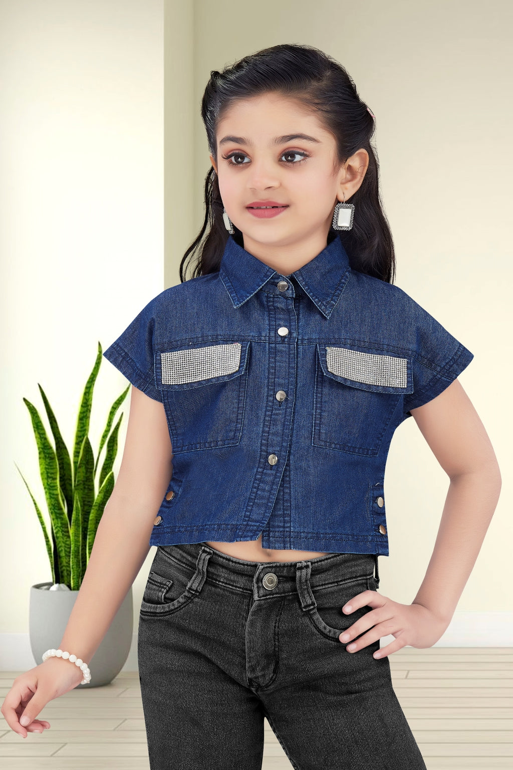 Girls Embellished Denim Crop Top - Dark Blue