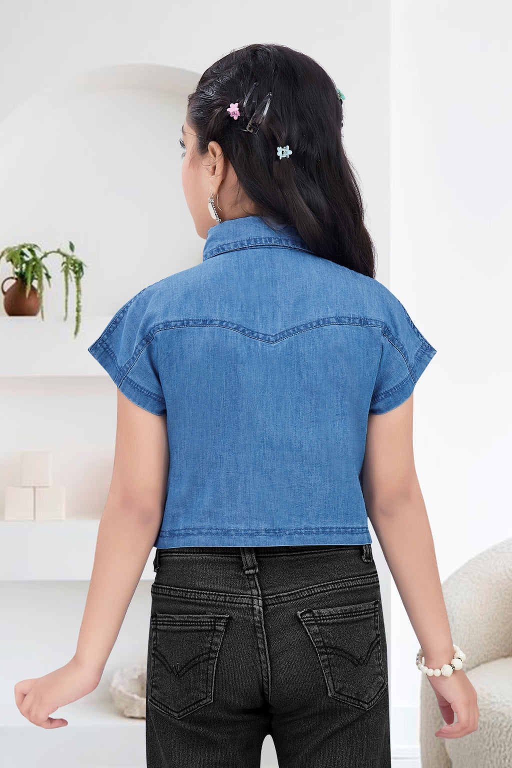 Girls Embellished Denim Crop Top - Light Blue