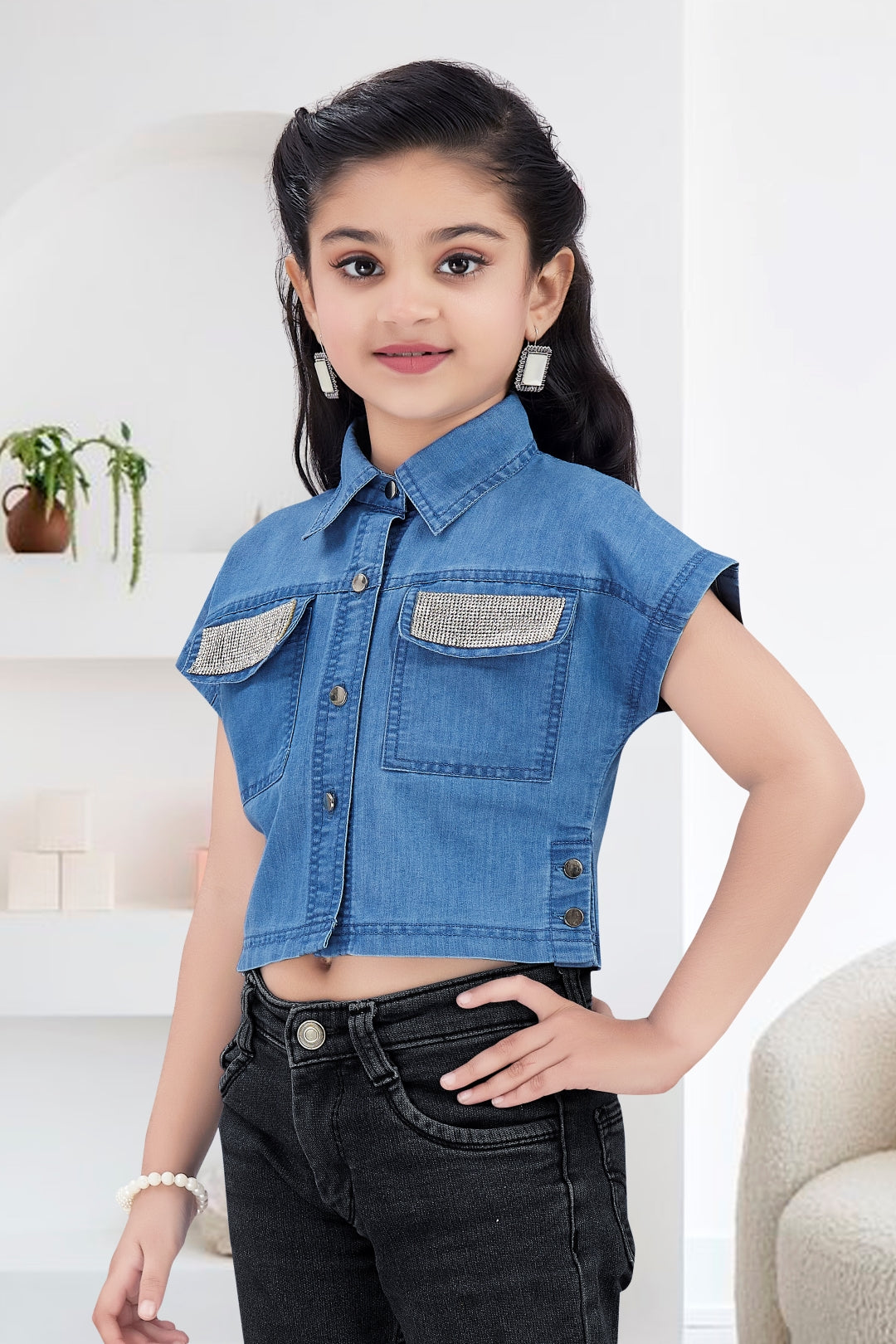 Girls Embellished Denim Crop Top - Light Blue