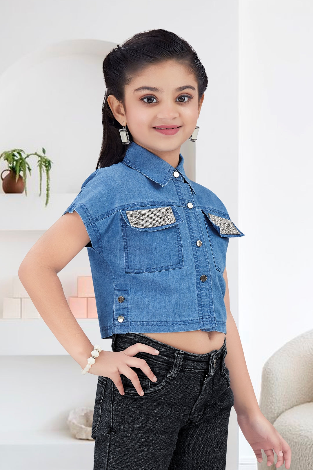 Girls Embellished Denim Crop Top - Light Blue