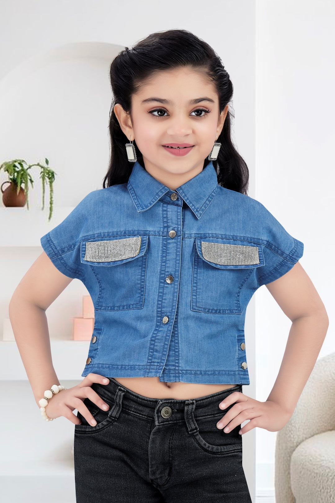 Girls Embellished Denim Crop Top - Light Blue