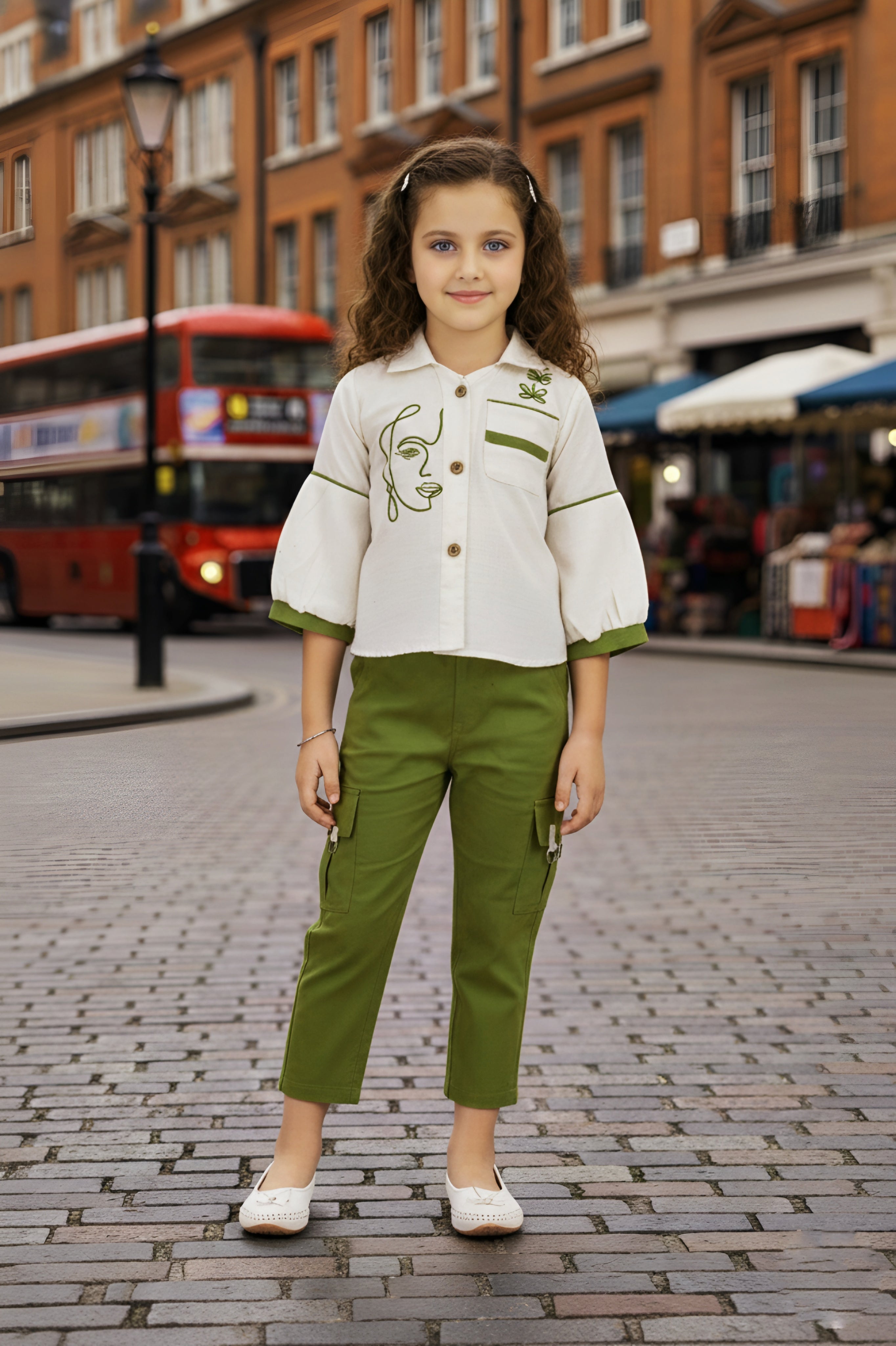 Girls Beige Shirt & Green Cargo Pant Set