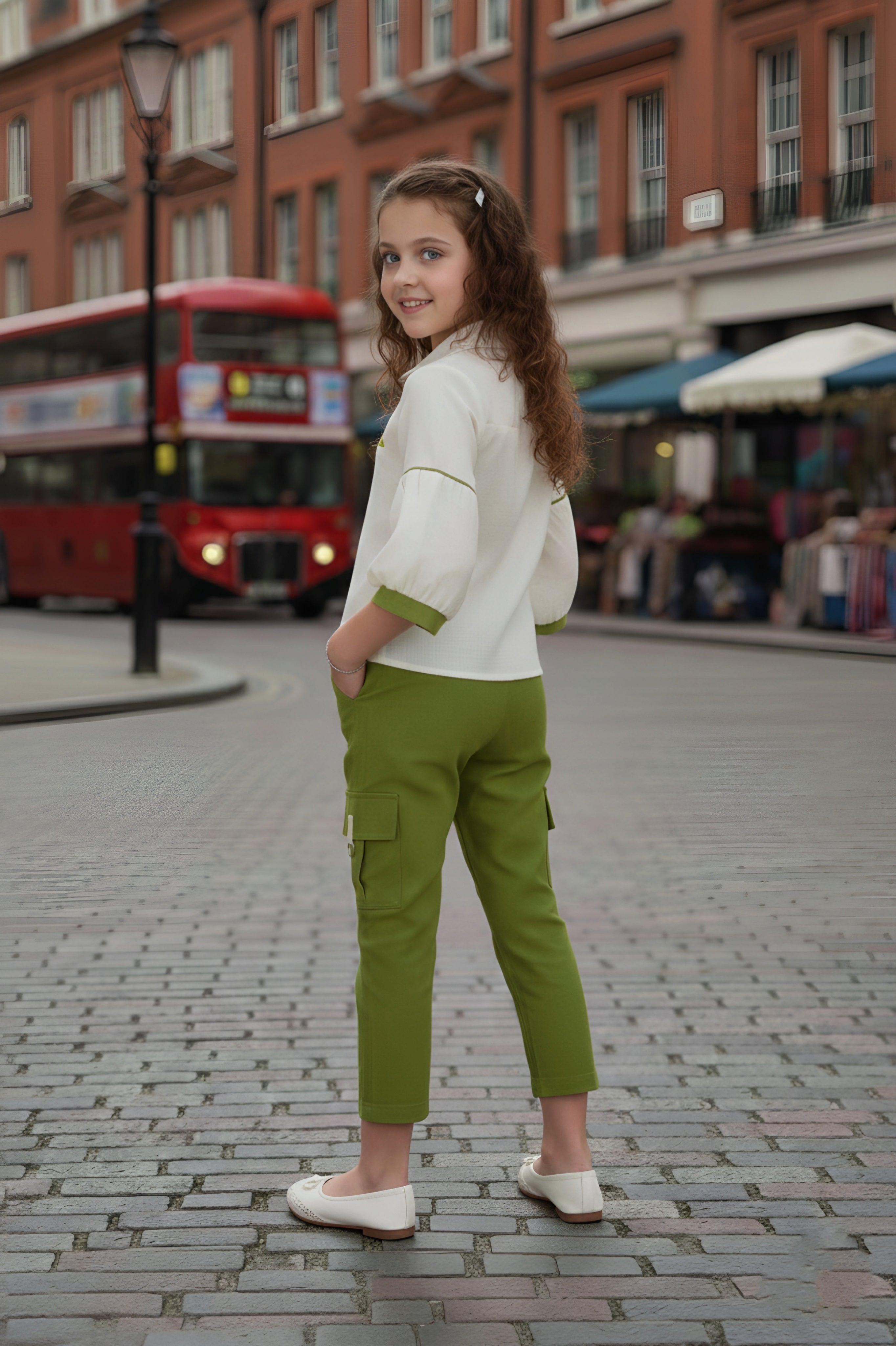 Girls Beige Shirt & Green Cargo Pant Set