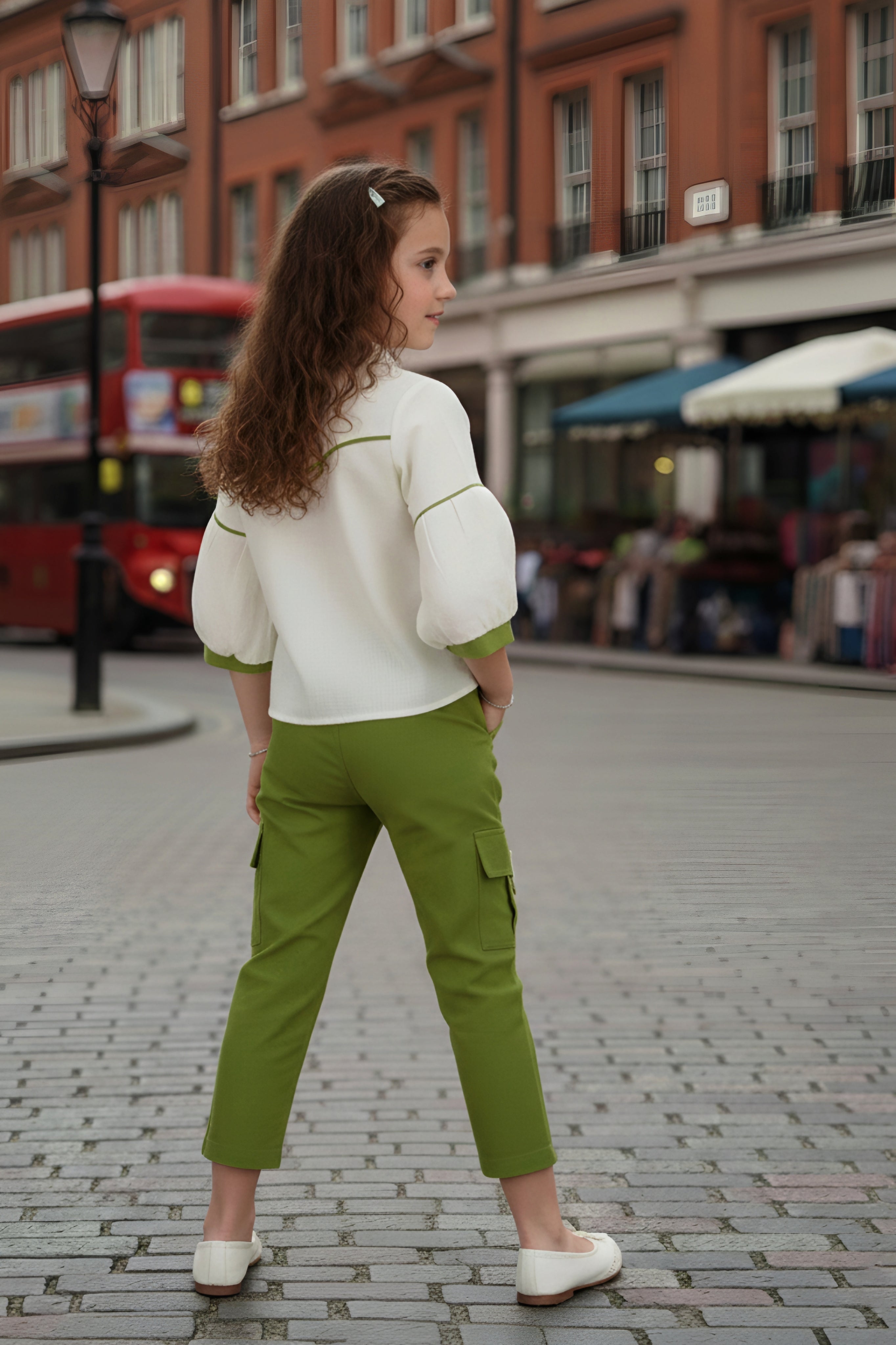 Girls Beige Shirt & Green Cargo Pant Set