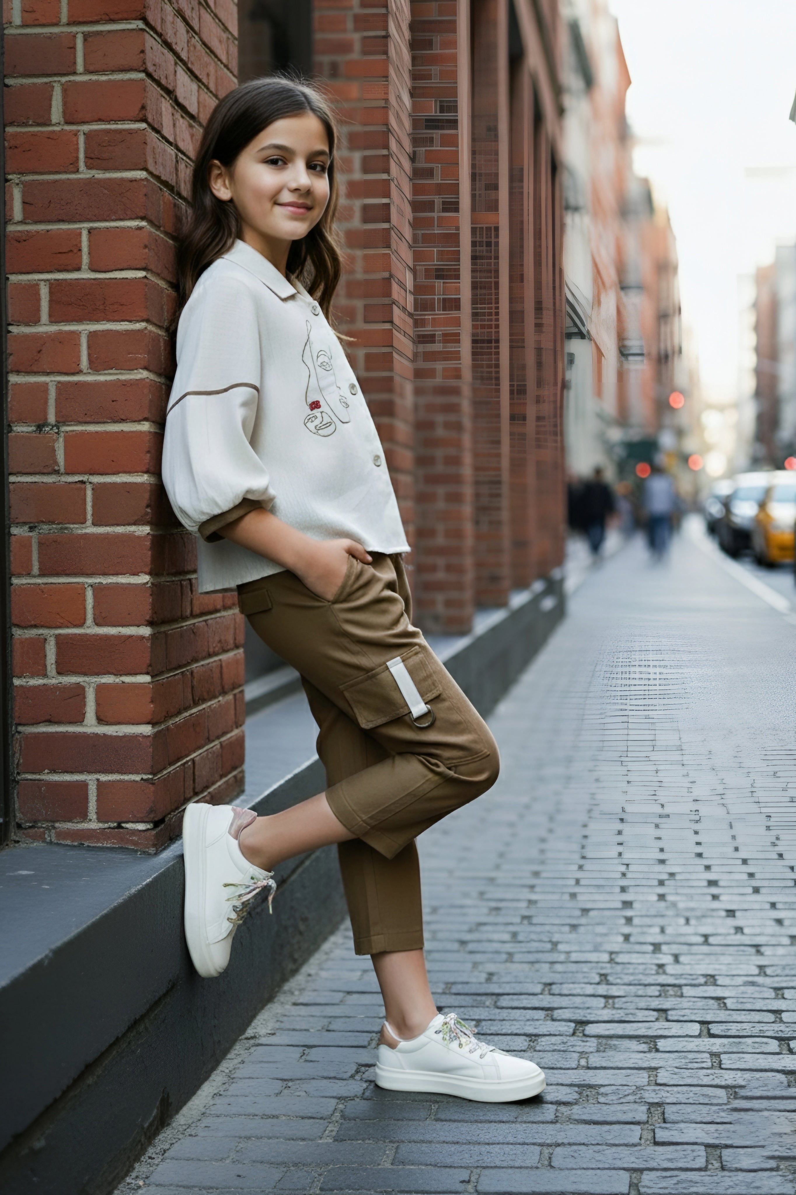 Girls Beige Shirt & Brown Cargo Pant Set