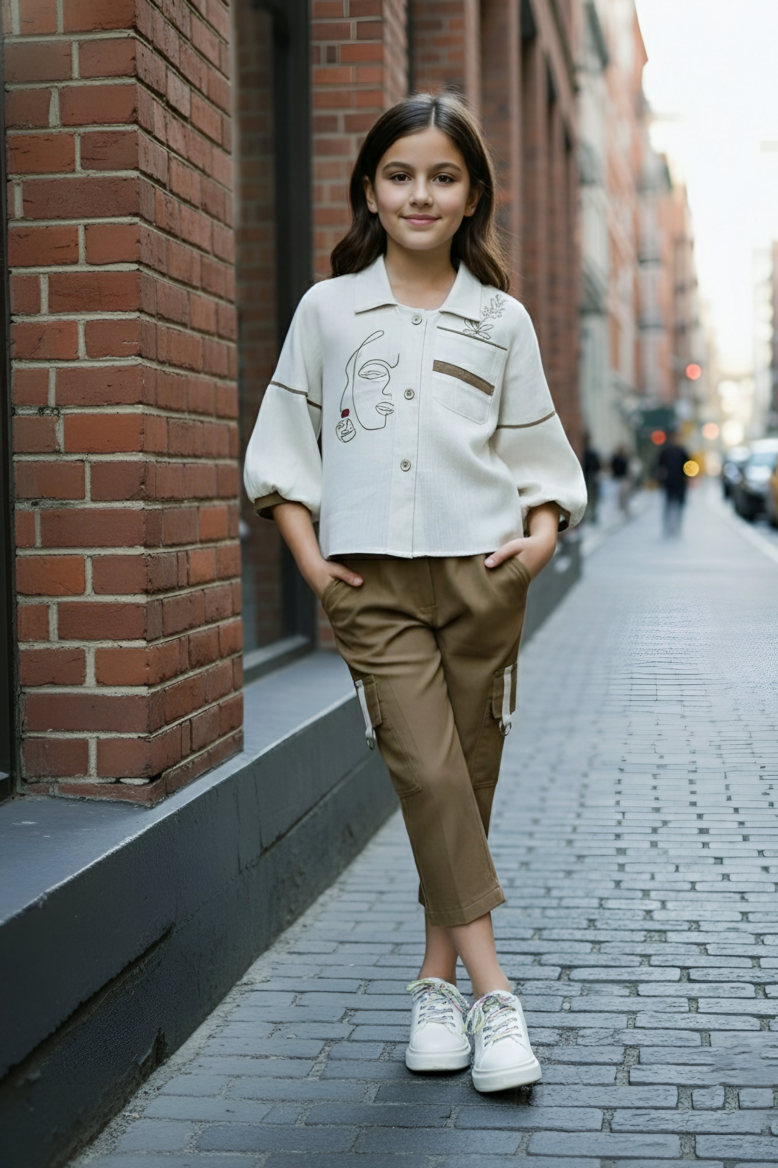 Girls Beige Shirt & Brown Cargo Pant Set
