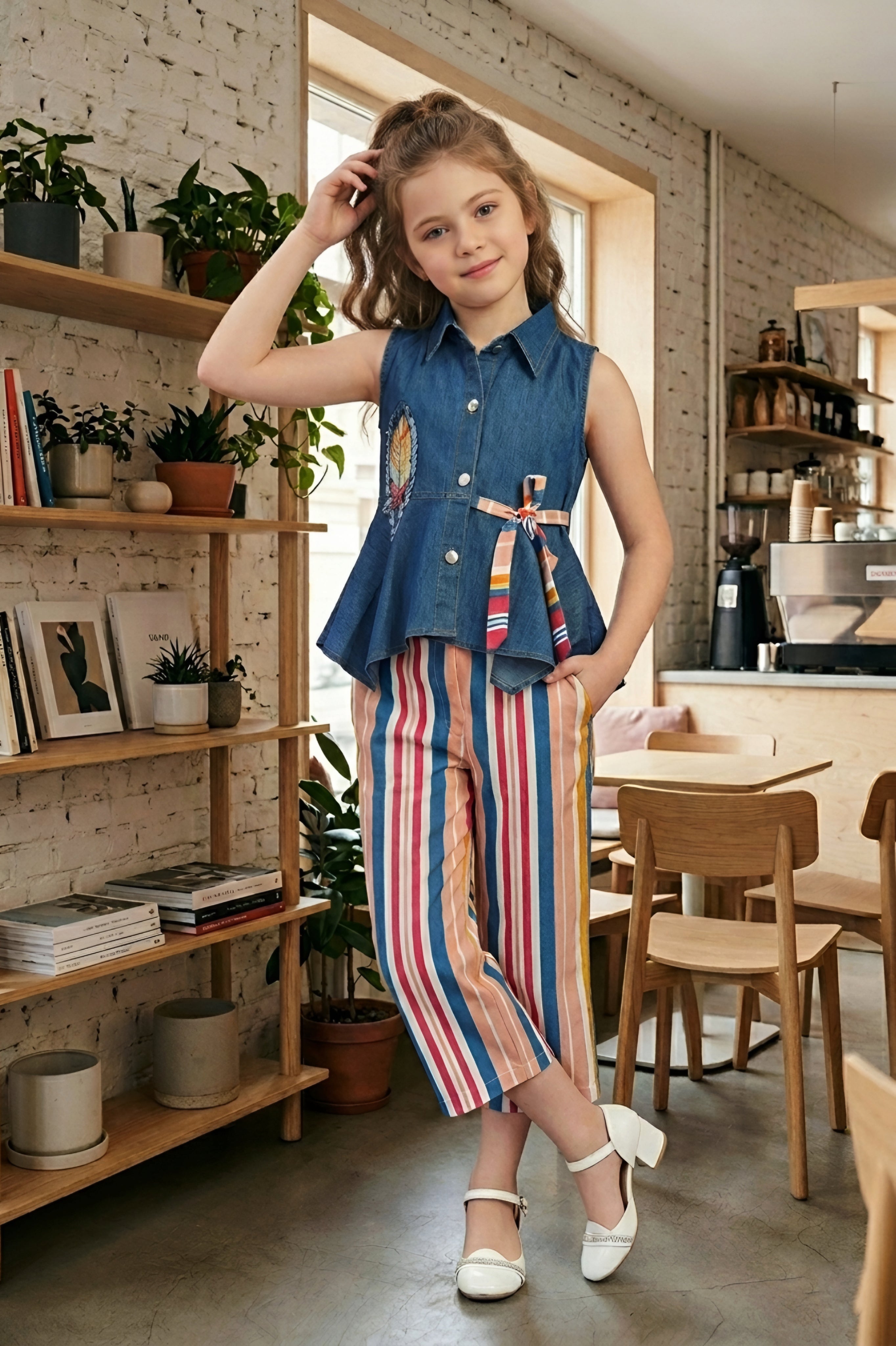 Girls Peach 2-Piece Denim & Striped Capri Set