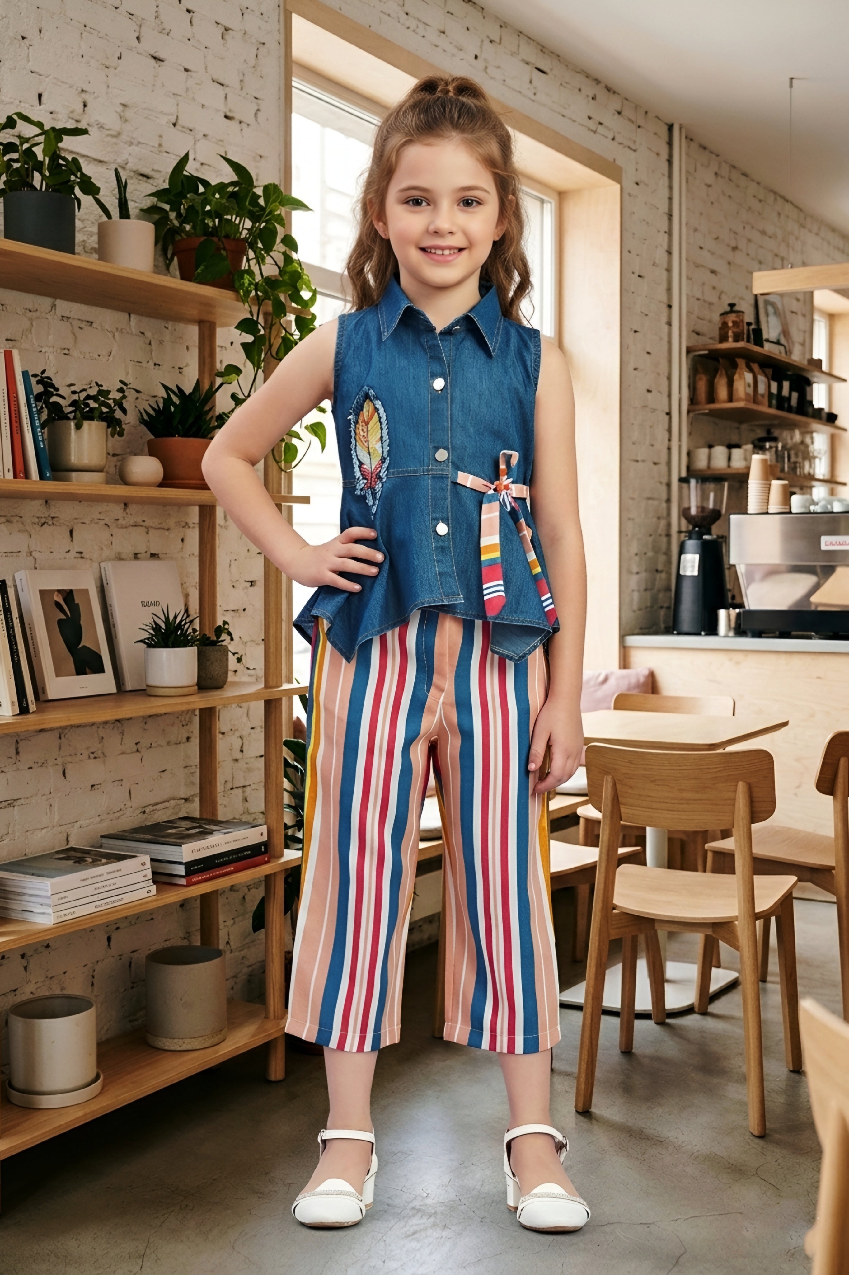 Girls Peach 2-Piece Denim & Striped Capri Set