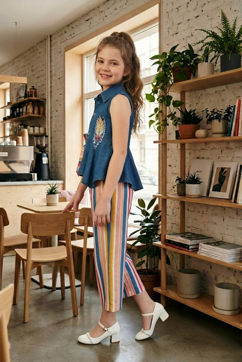 Girls Peach 2-Piece Denim & Striped Capri Set