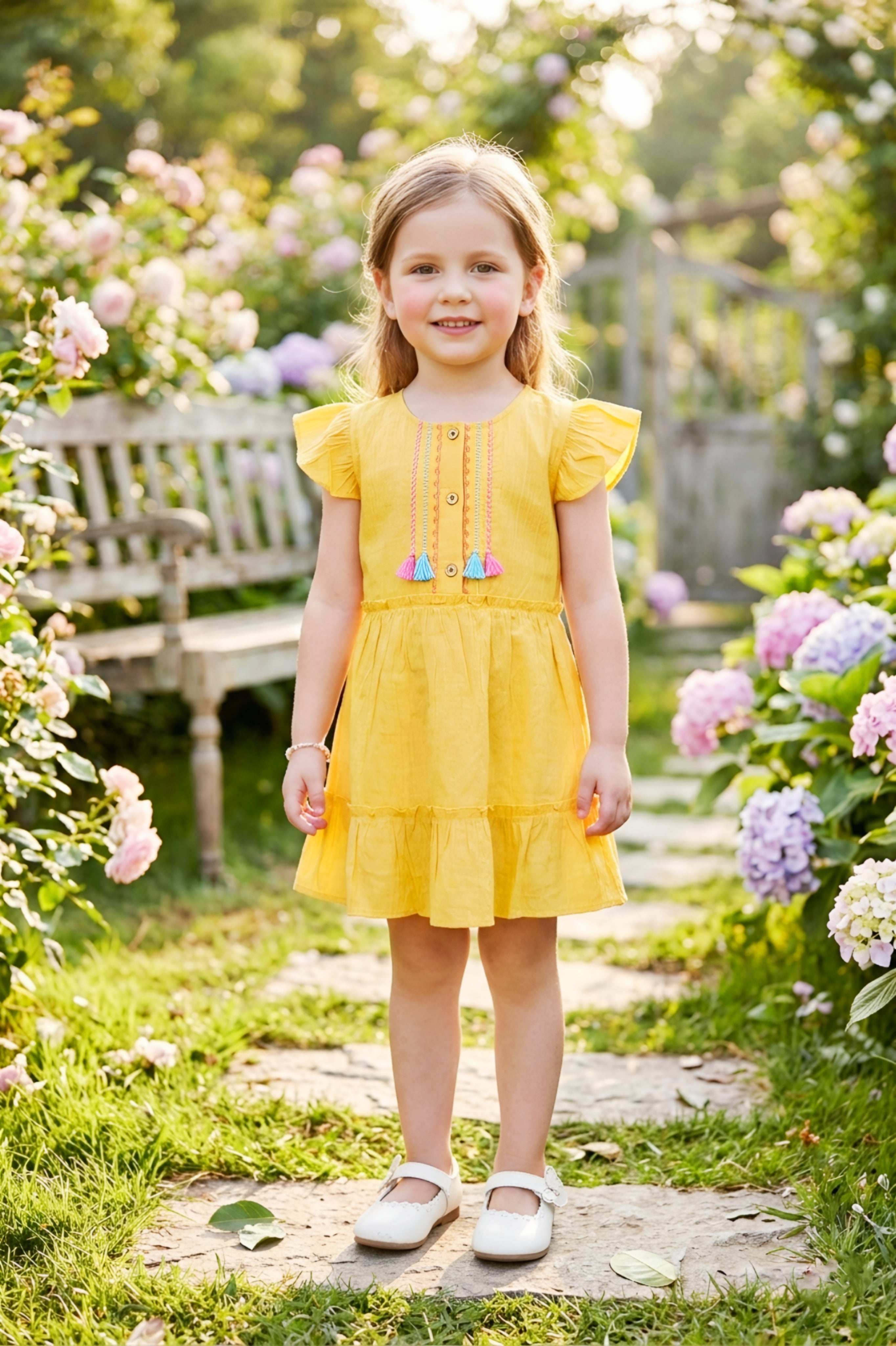Girls Yellow Emroidered Cotton Frock