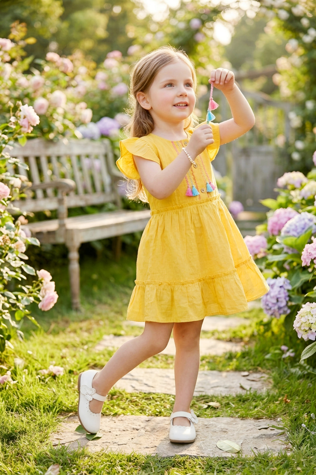 Girls Yellow Emroidered Cotton Frock