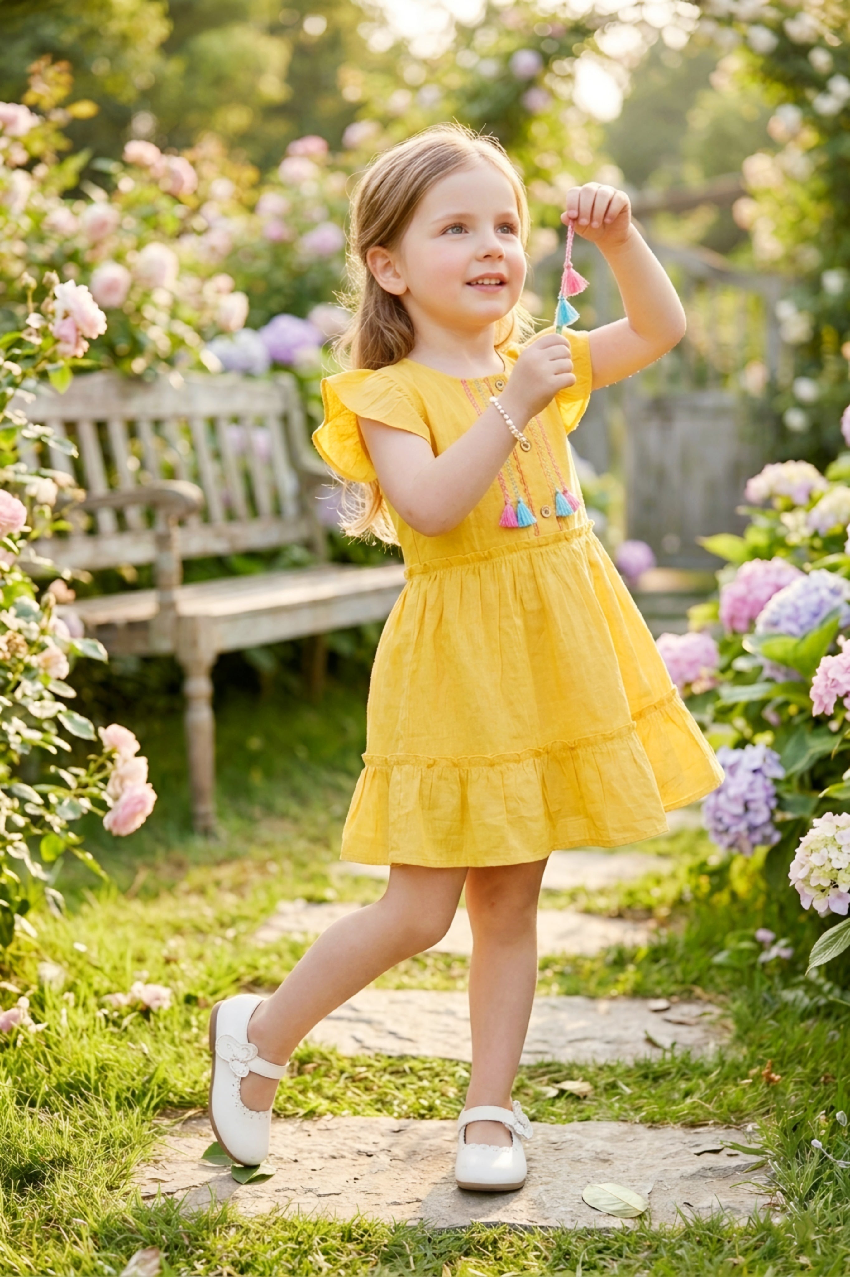 Girls Yellow Emroidered Cotton Frock