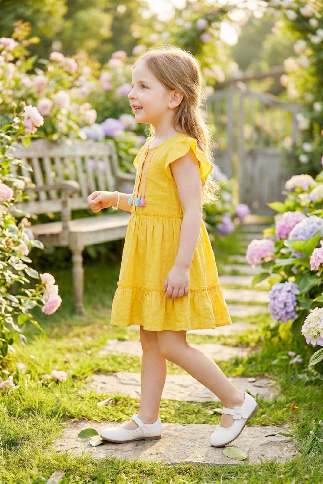 Girls Yellow Emroidered Cotton Frock