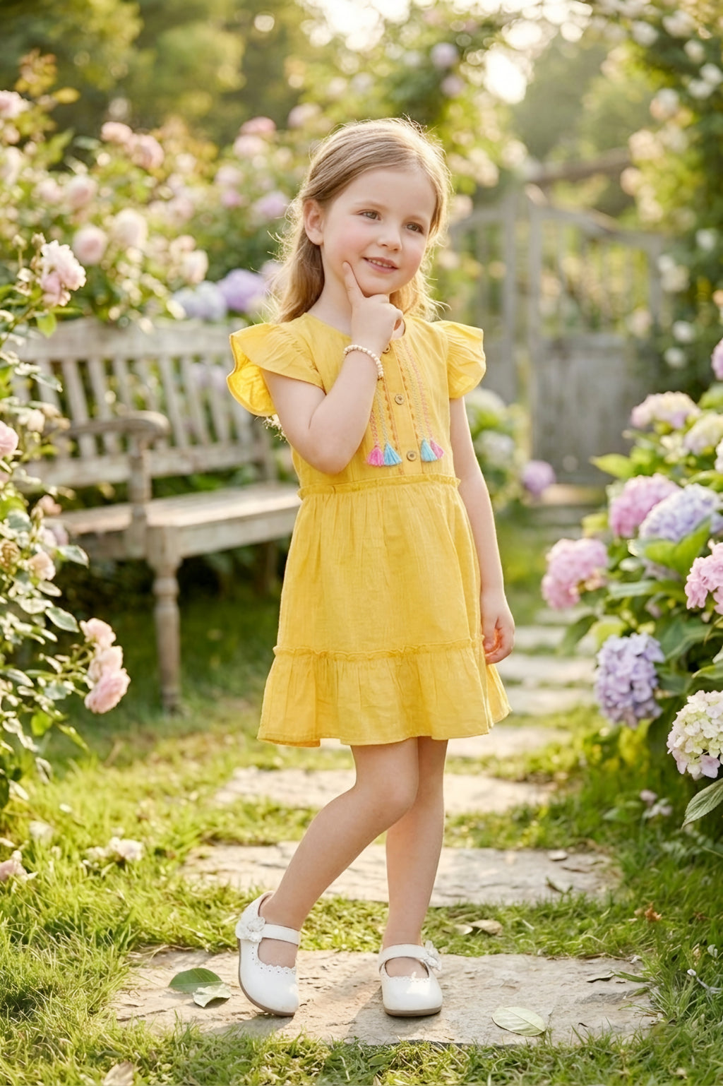 Girls Yellow Emroidered Cotton Frock