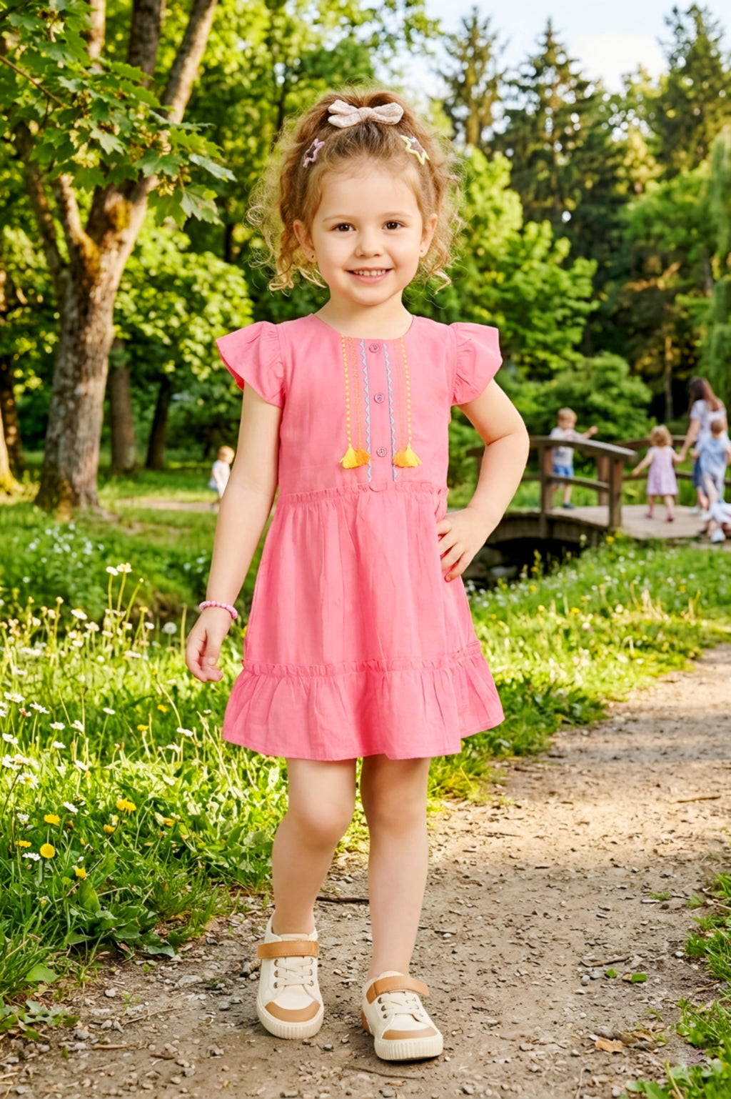 Girls Peach Emroidered Cotton Frock