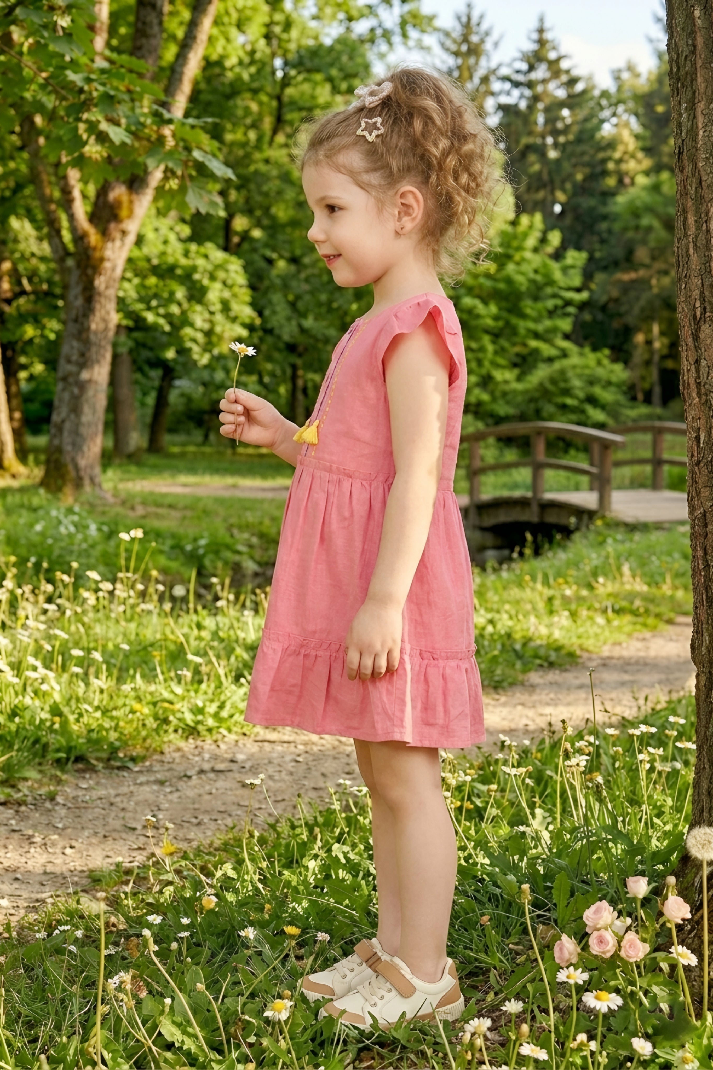 Girls Peach Emroidered Cotton Frock