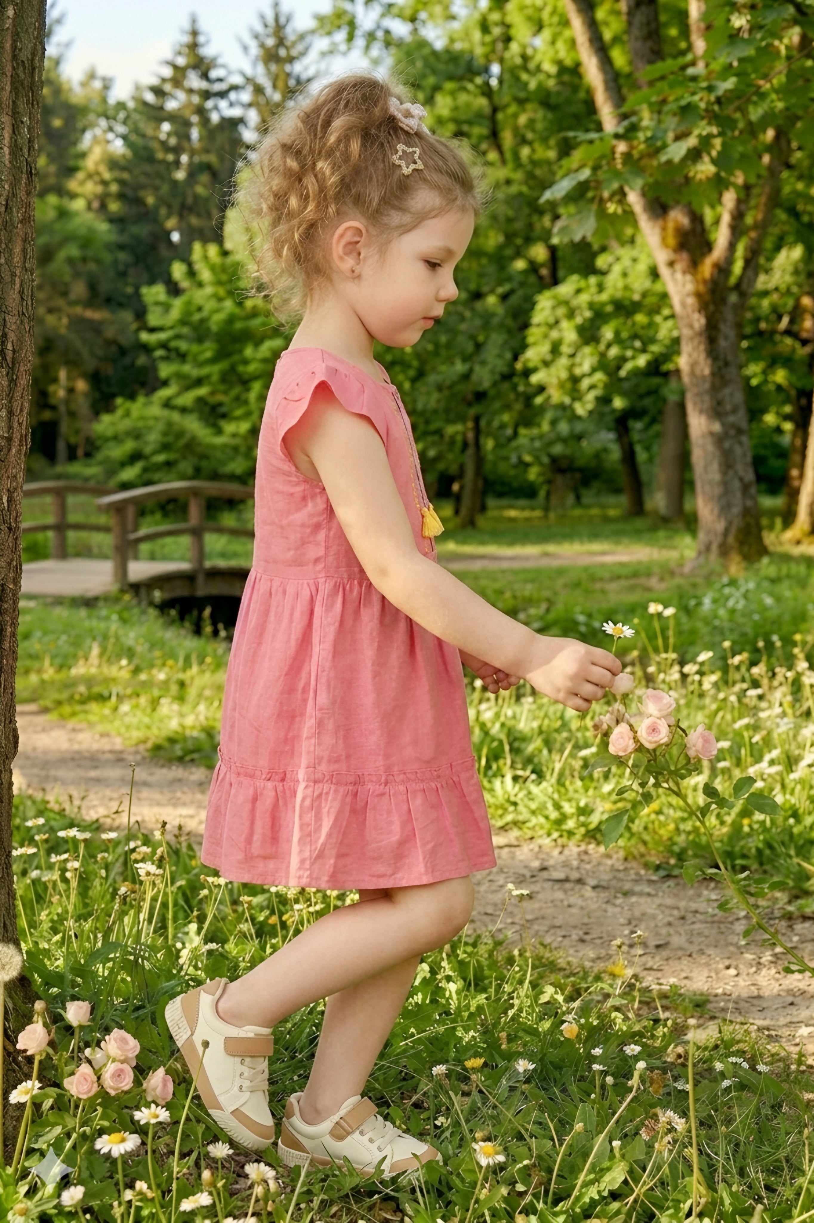 Girls Peach Emroidered Cotton Frock