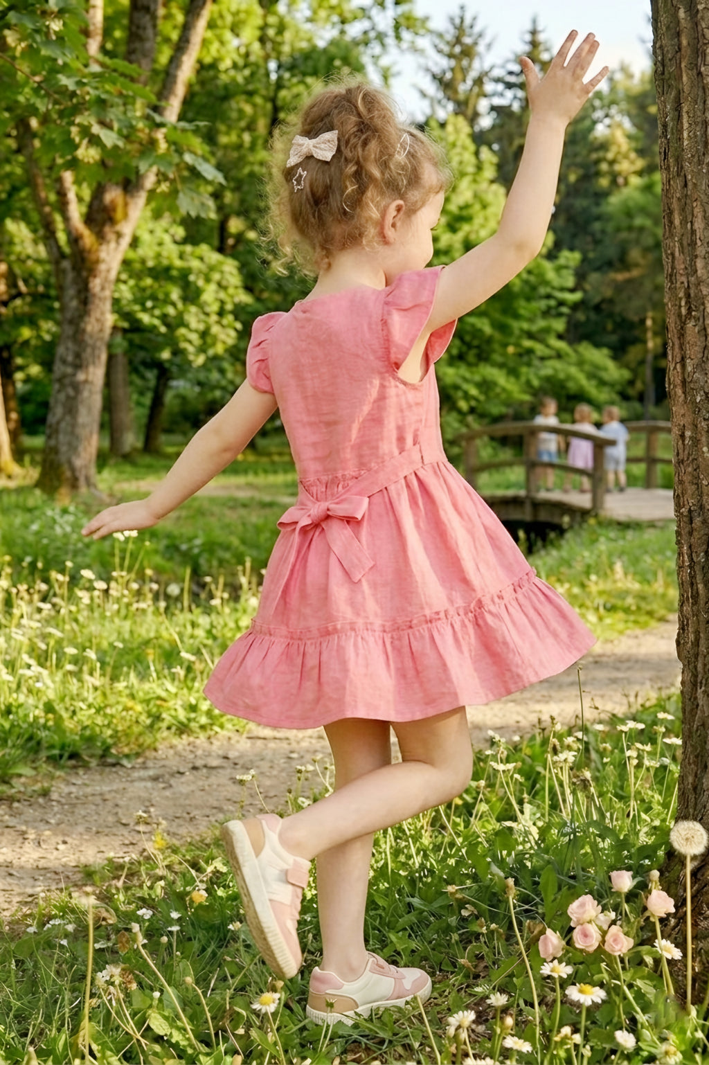 Girls Peach Emroidered Cotton Frock