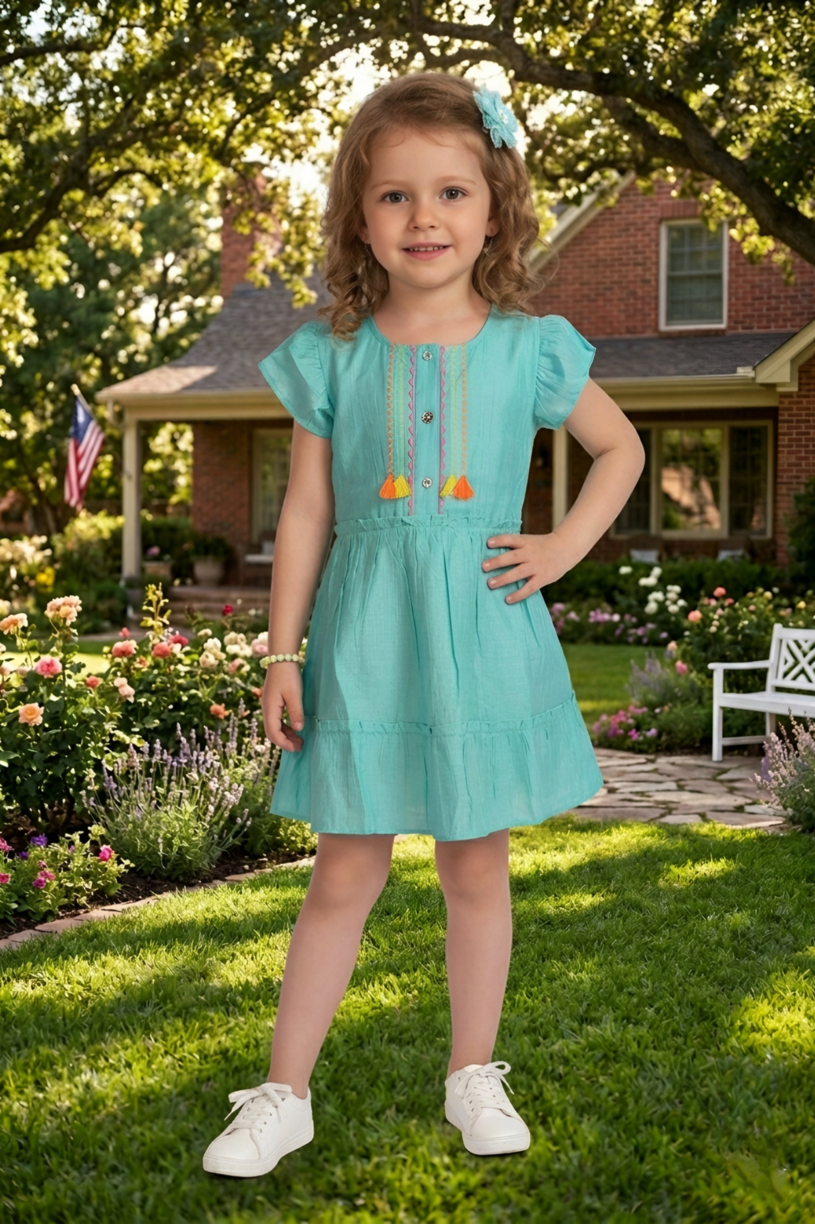 Girls Blue Emroidered Cotton Frock