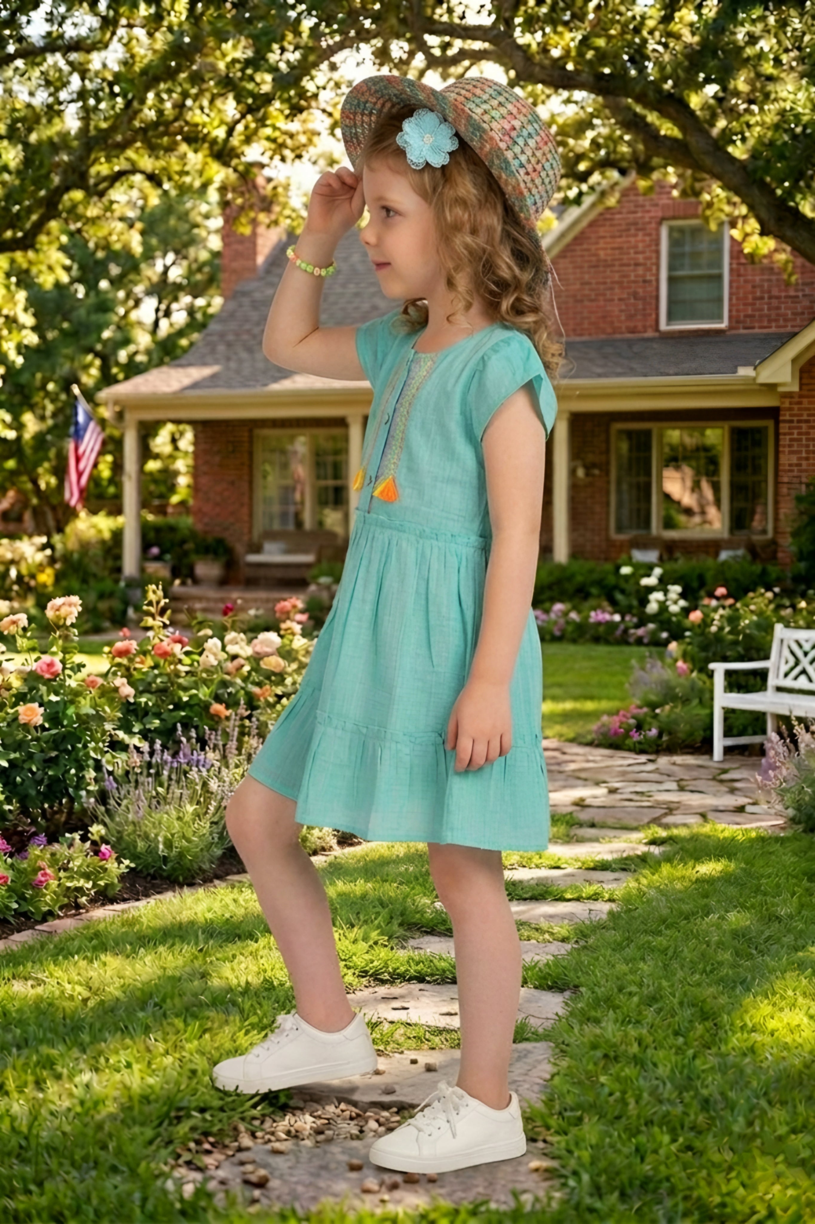 Girls Blue Emroidered Cotton Frock