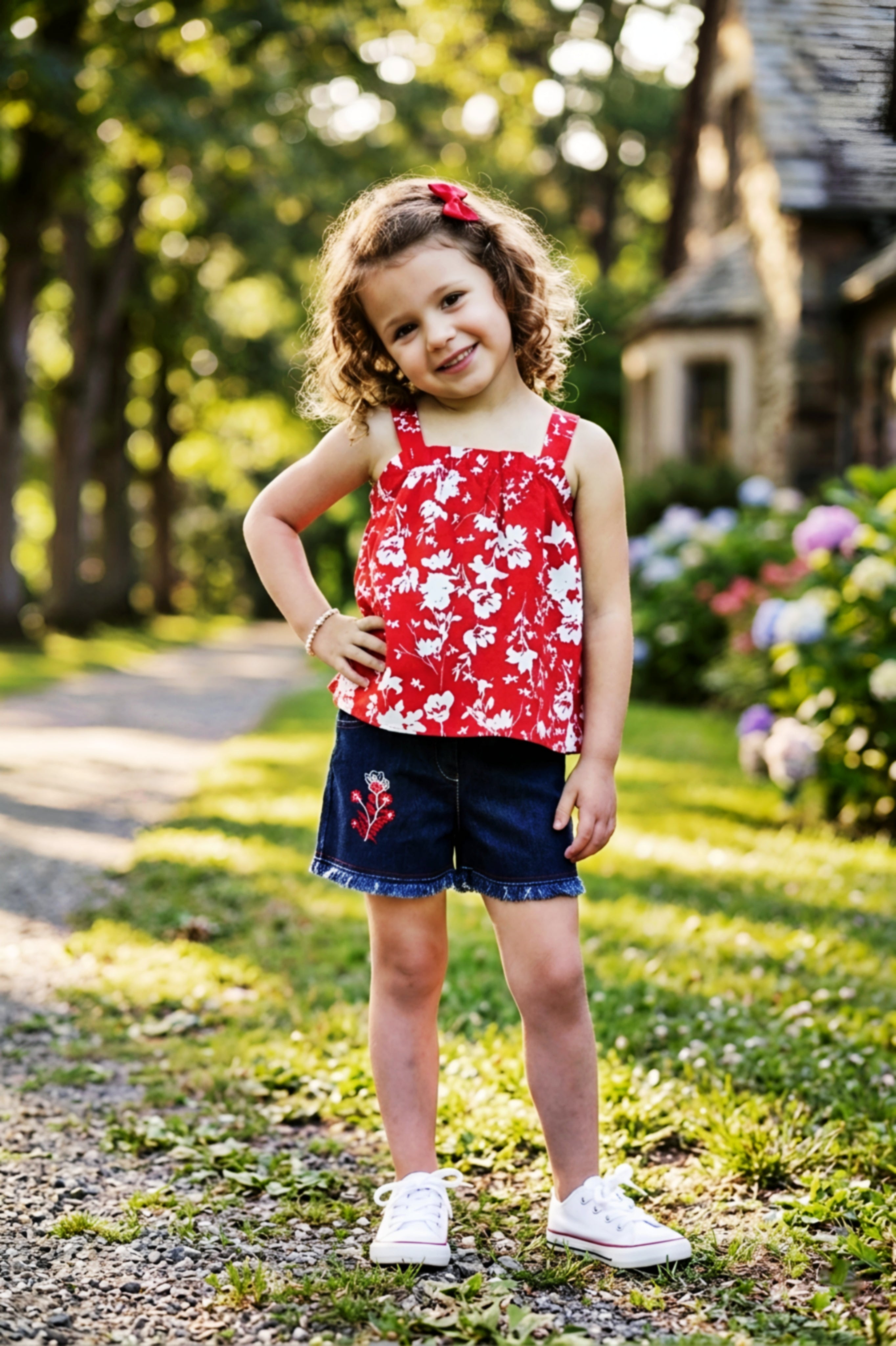 Girls Red Floral Printed Top & Denim Shorts Set