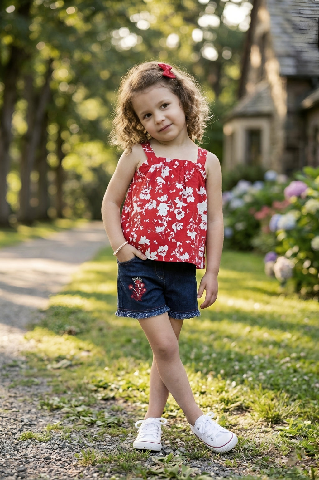 Girls Red Floral Printed Top & Denim Shorts Set