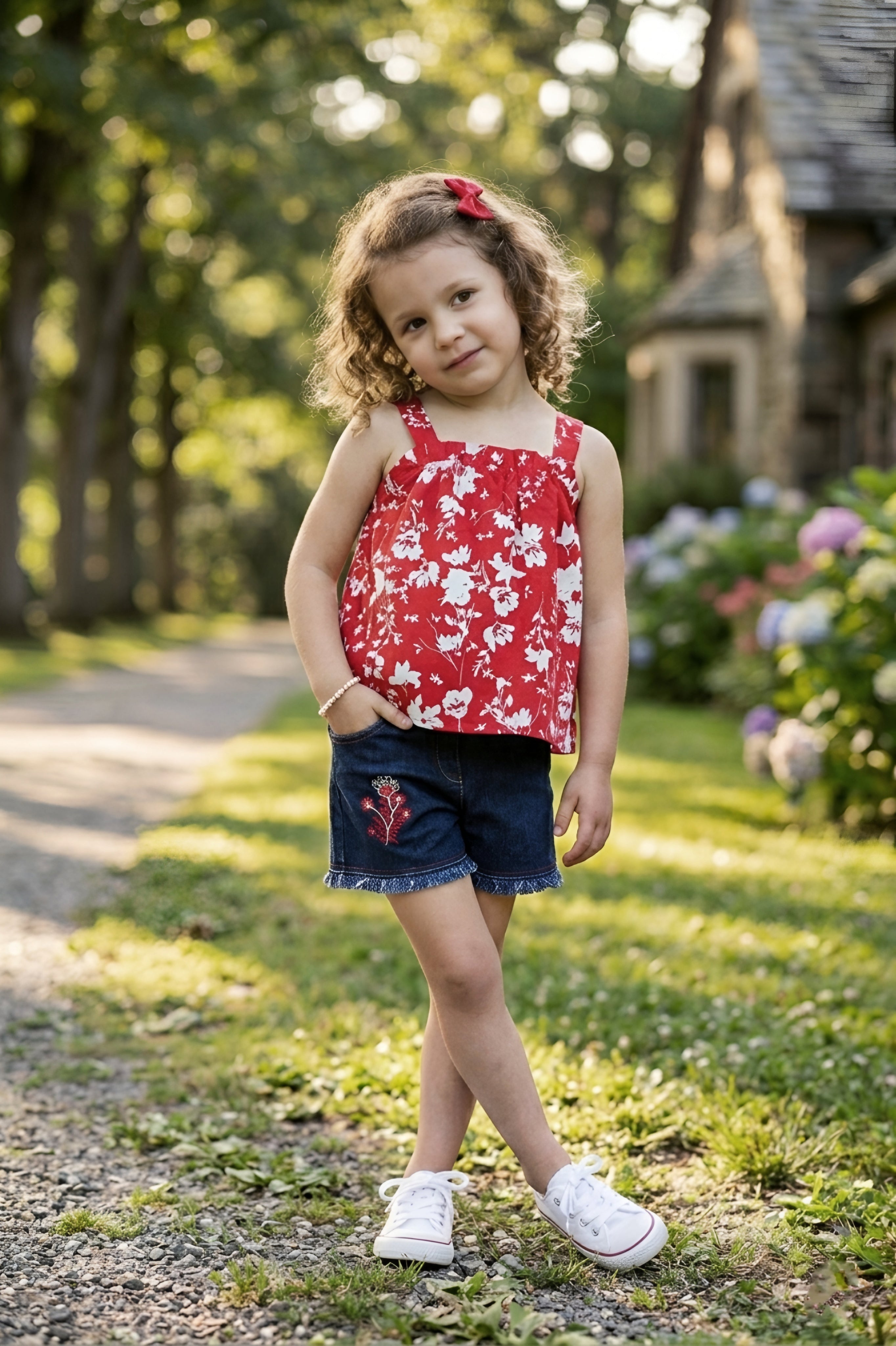 Girls Red Floral Printed Top & Denim Shorts Set