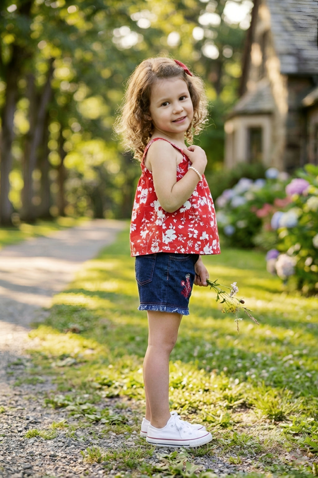 Girls Red Floral Printed Top & Denim Shorts Set