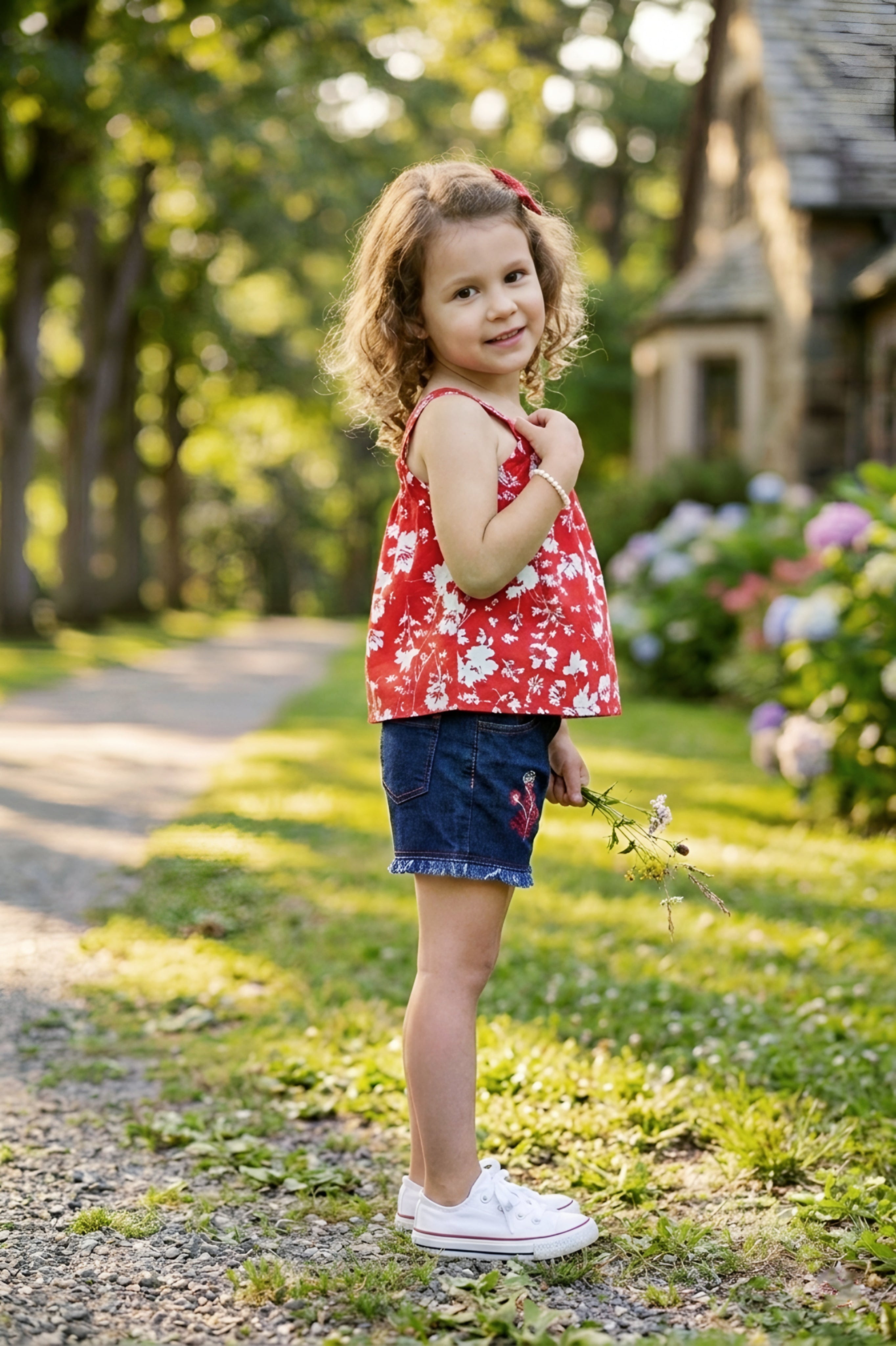 Girls Red Floral Printed Top & Denim Shorts Set