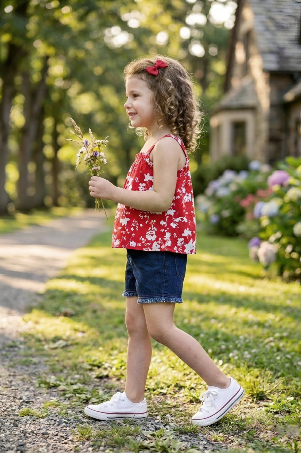 Girls Red Floral Printed Top & Denim Shorts Set