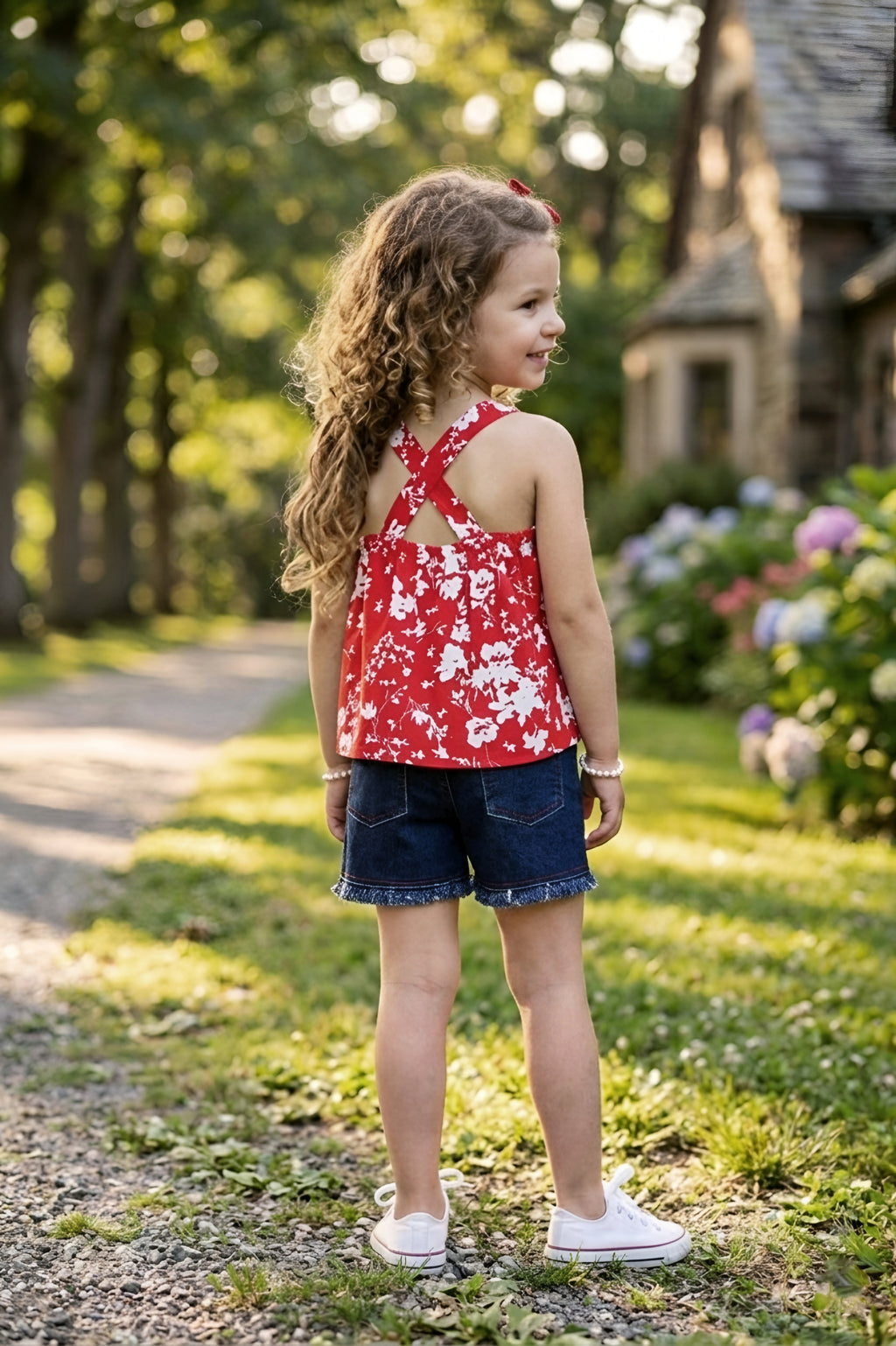 Girls Red Floral Printed Top & Denim Shorts Set