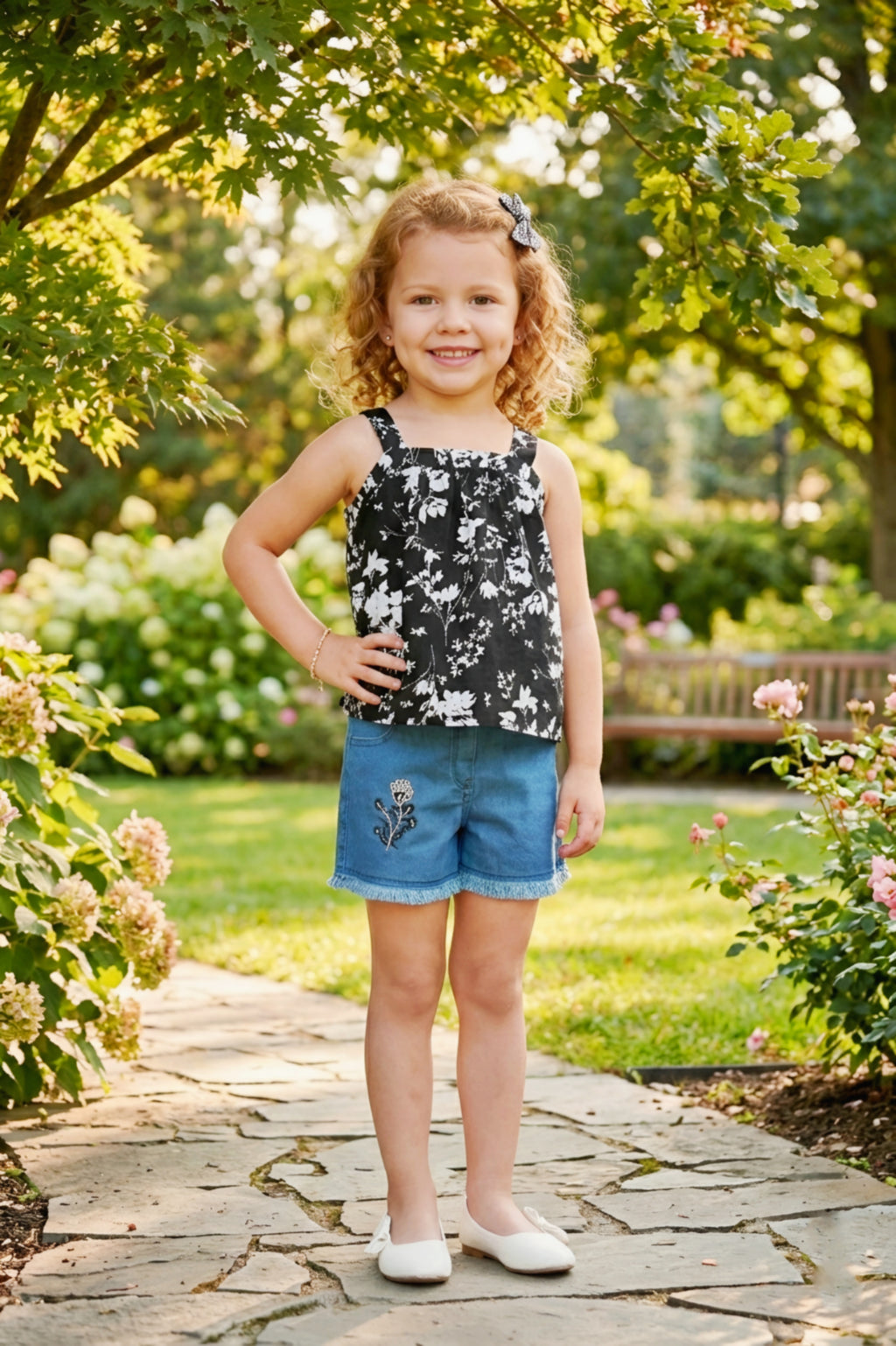 Girls Black Floral Printed Top & Denim Shorts Set