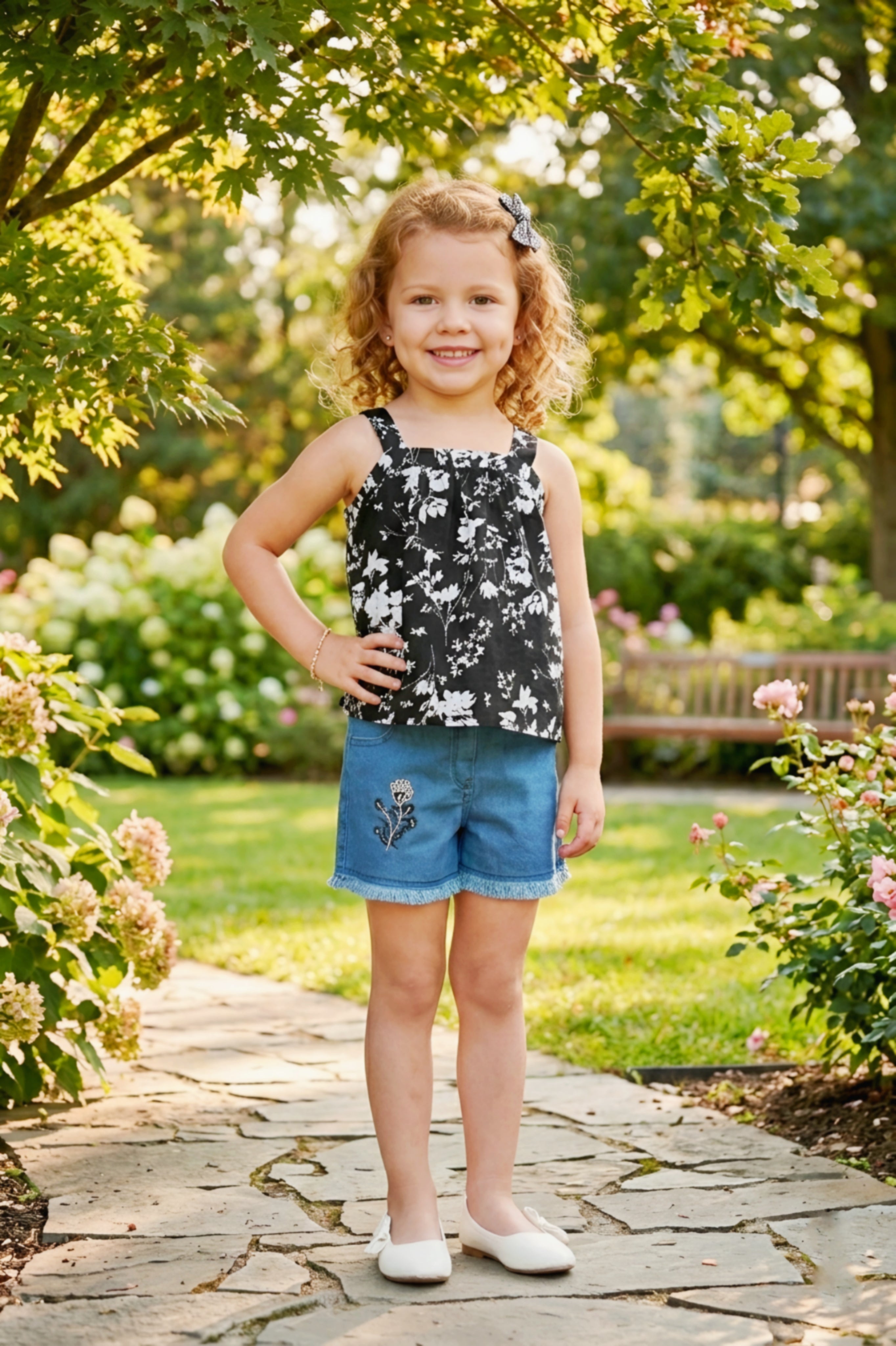 Girls Black Floral Printed Top & Denim Shorts Set