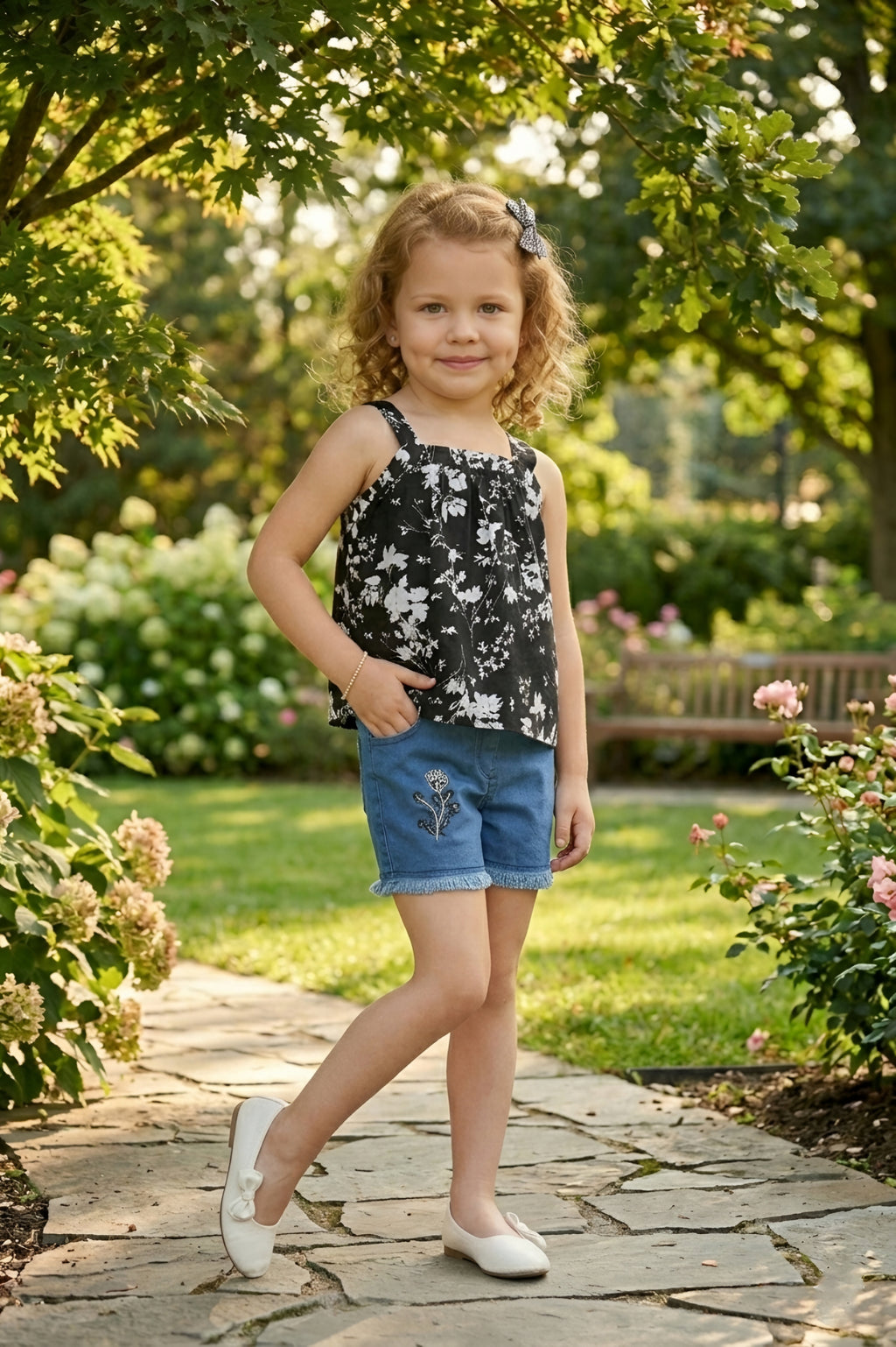 Girls Black Floral Printed Top & Denim Shorts Set
