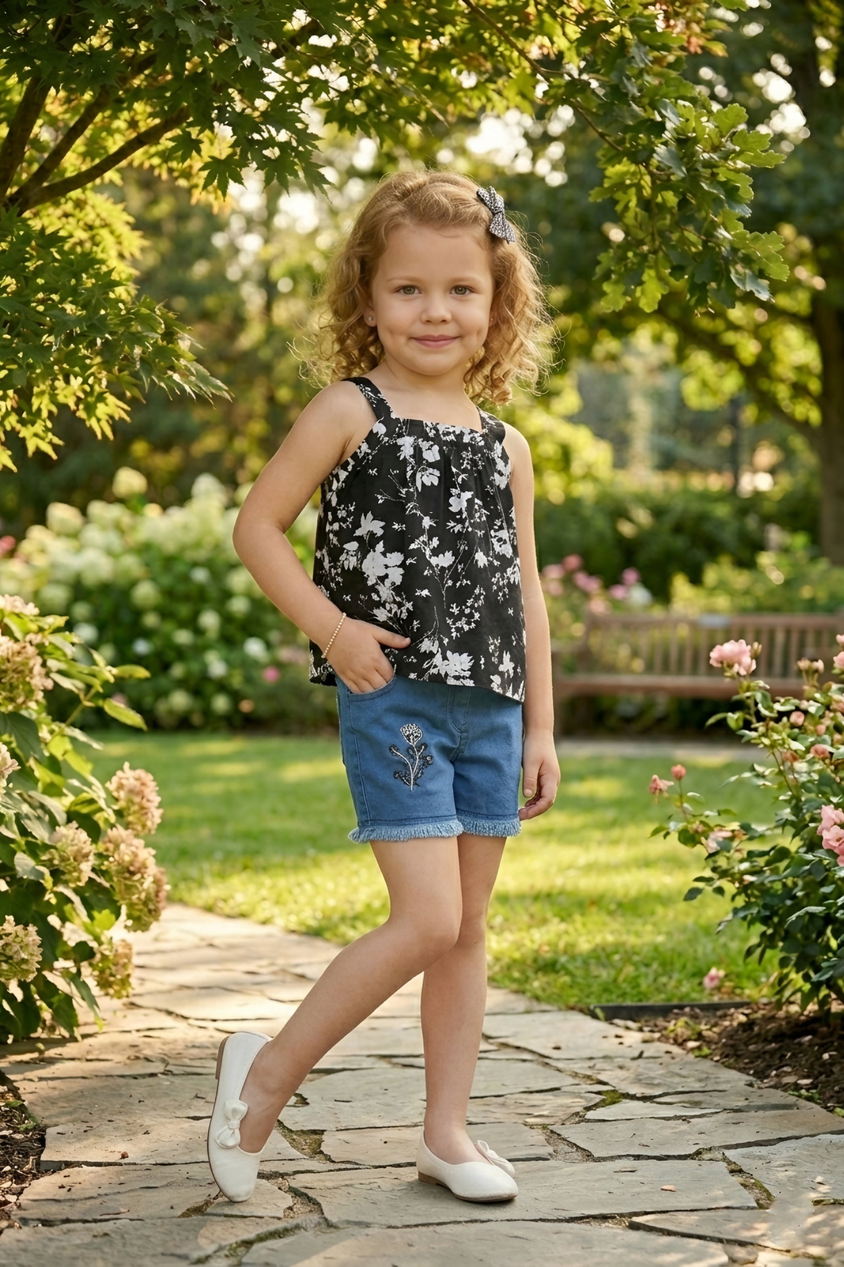 Girls Black Floral Printed Top & Denim Shorts Set
