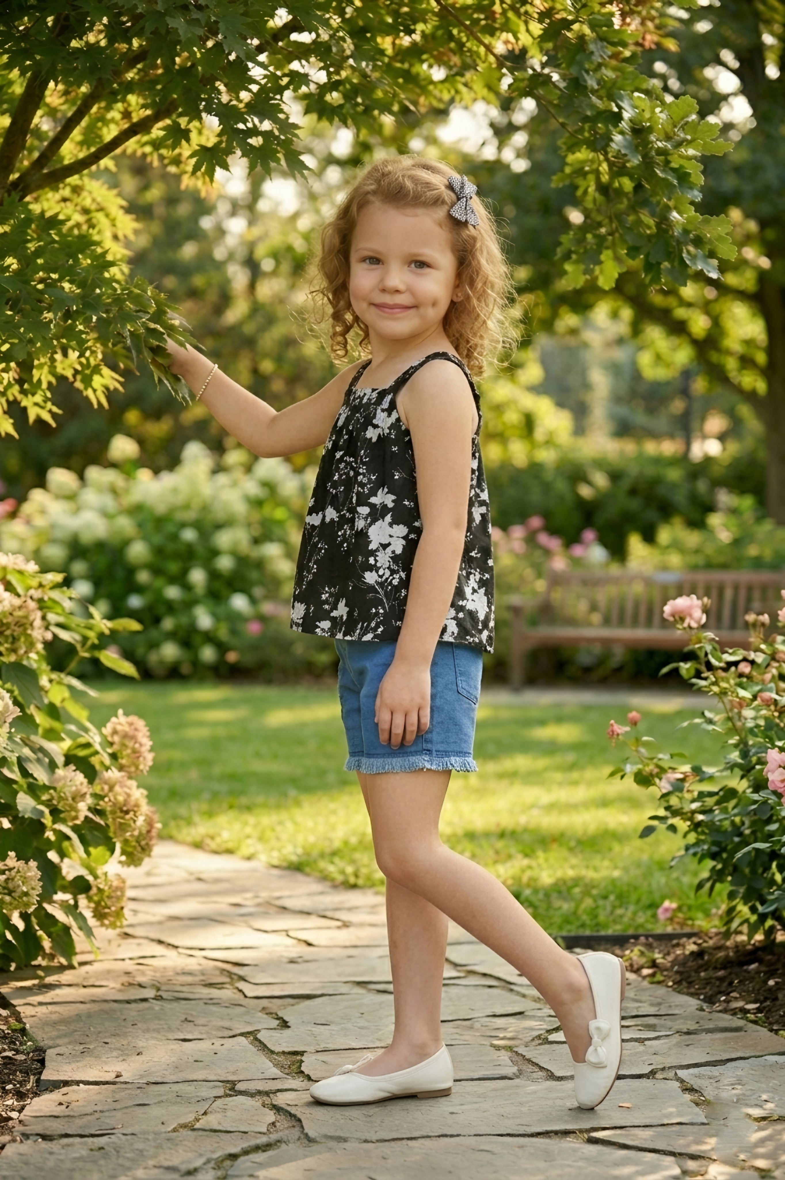 Girls Black Floral Printed Top & Denim Shorts Set