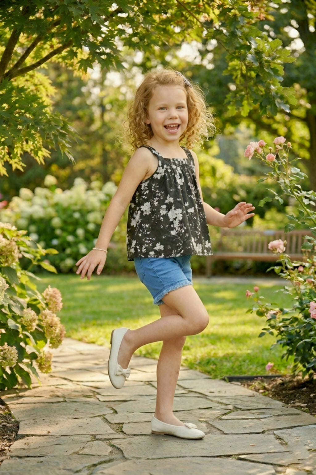 Girls Black Floral Printed Top & Denim Shorts Set